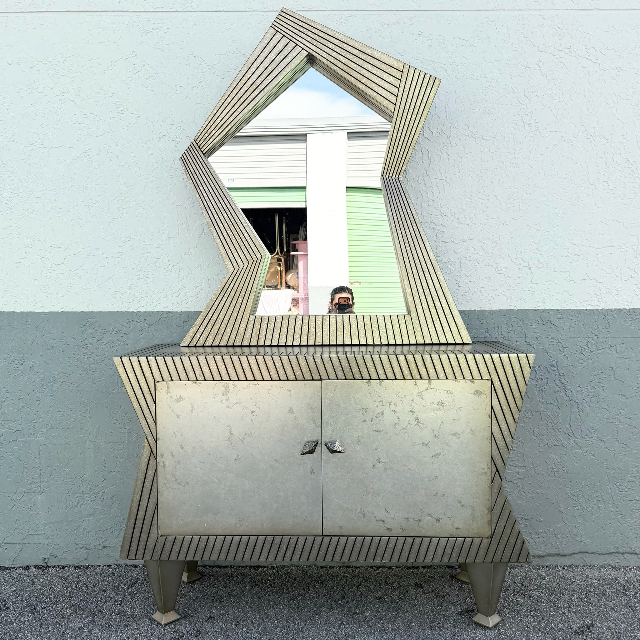 Vintage Memphis Style Sculpted Credenza With Mirror - 2 Pieces Dolphin & Flamingo