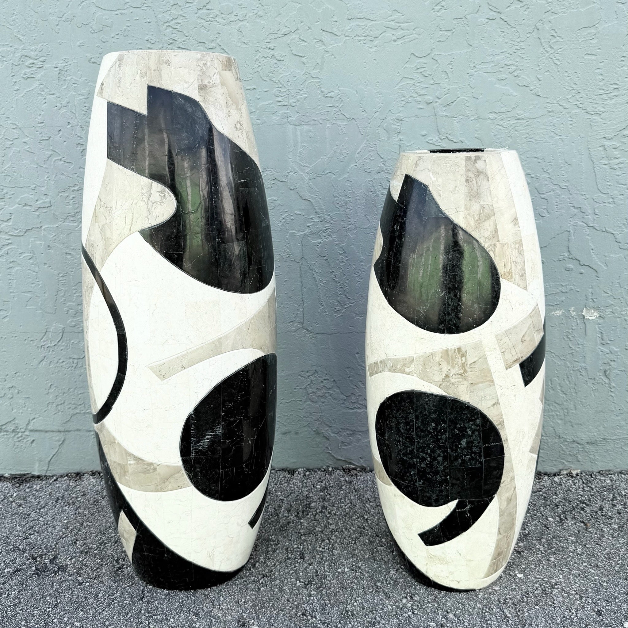 Postmodern Abstract Tessellated Stone Vases - Set of 2 Dolphin & Flamingo