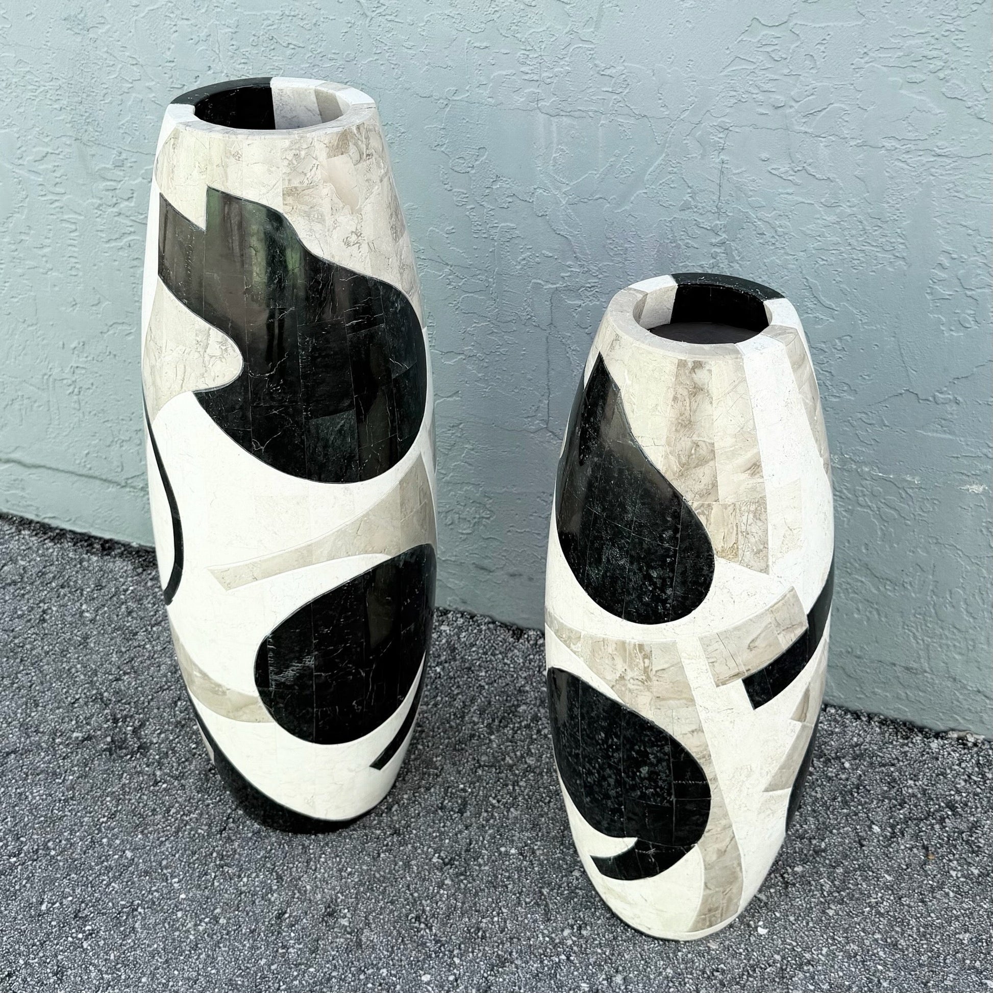 Postmodern Abstract Tessellated Stone Vases - Set of 2 Dolphin & Flamingo