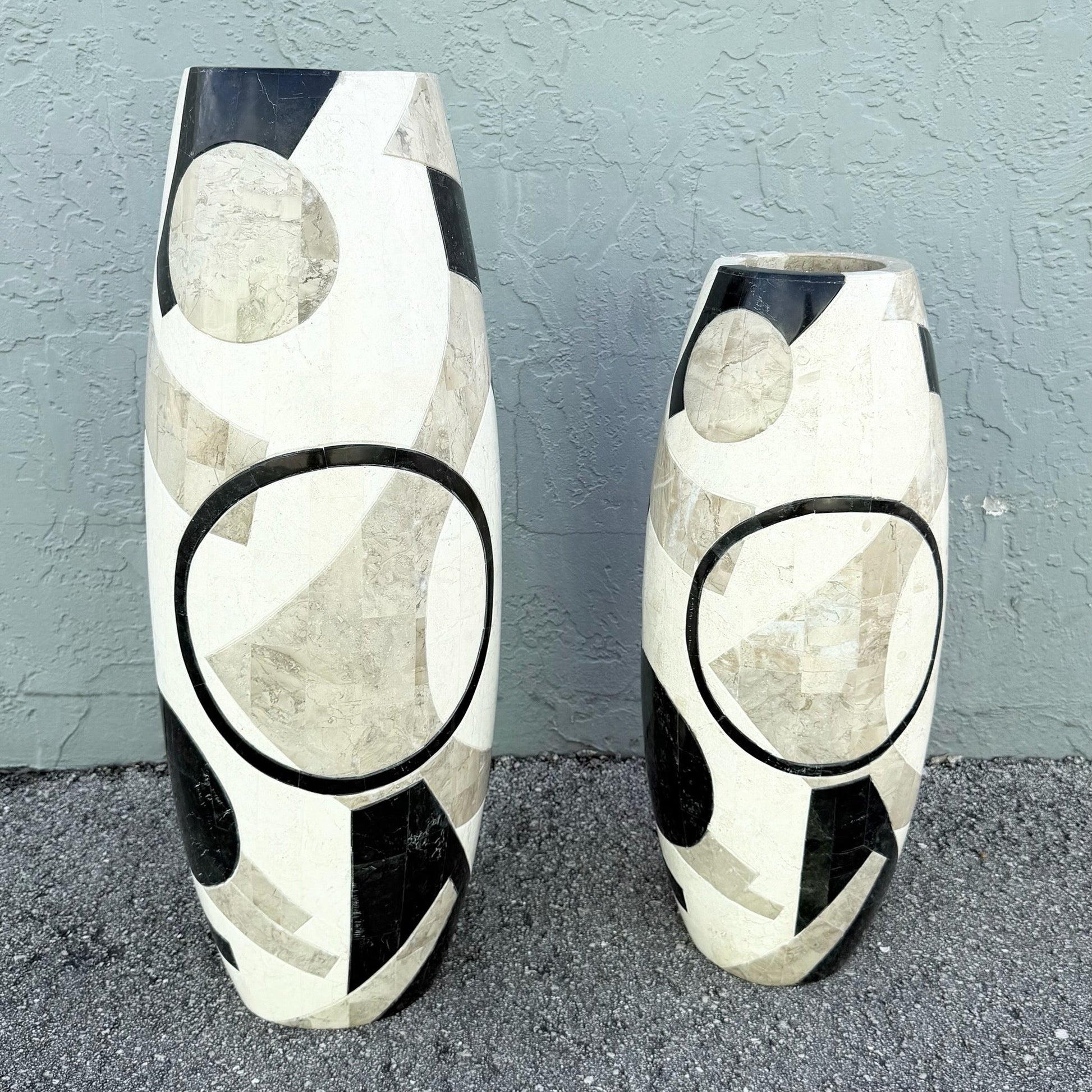 Postmodern Abstract Tessellated Stone Vases - Set of 2 Dolphin & Flamingo