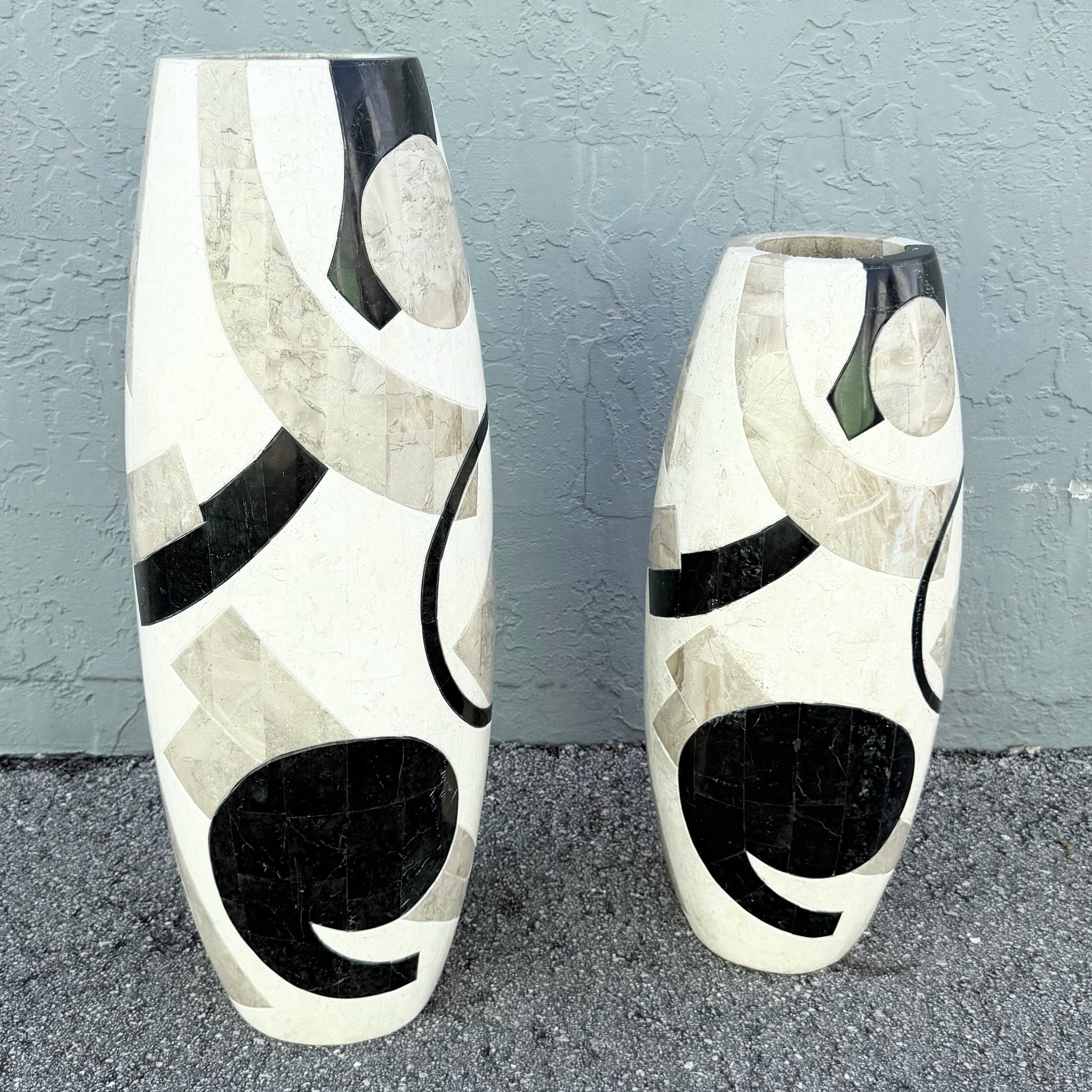 Postmodern Abstract Tessellated Stone Vases - Set of 2 Dolphin & Flamingo