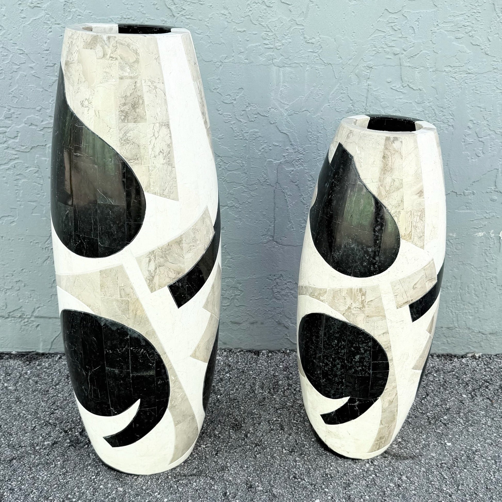 Postmodern Abstract Tessellated Stone Vases - Set of 2 Dolphin & Flamingo
