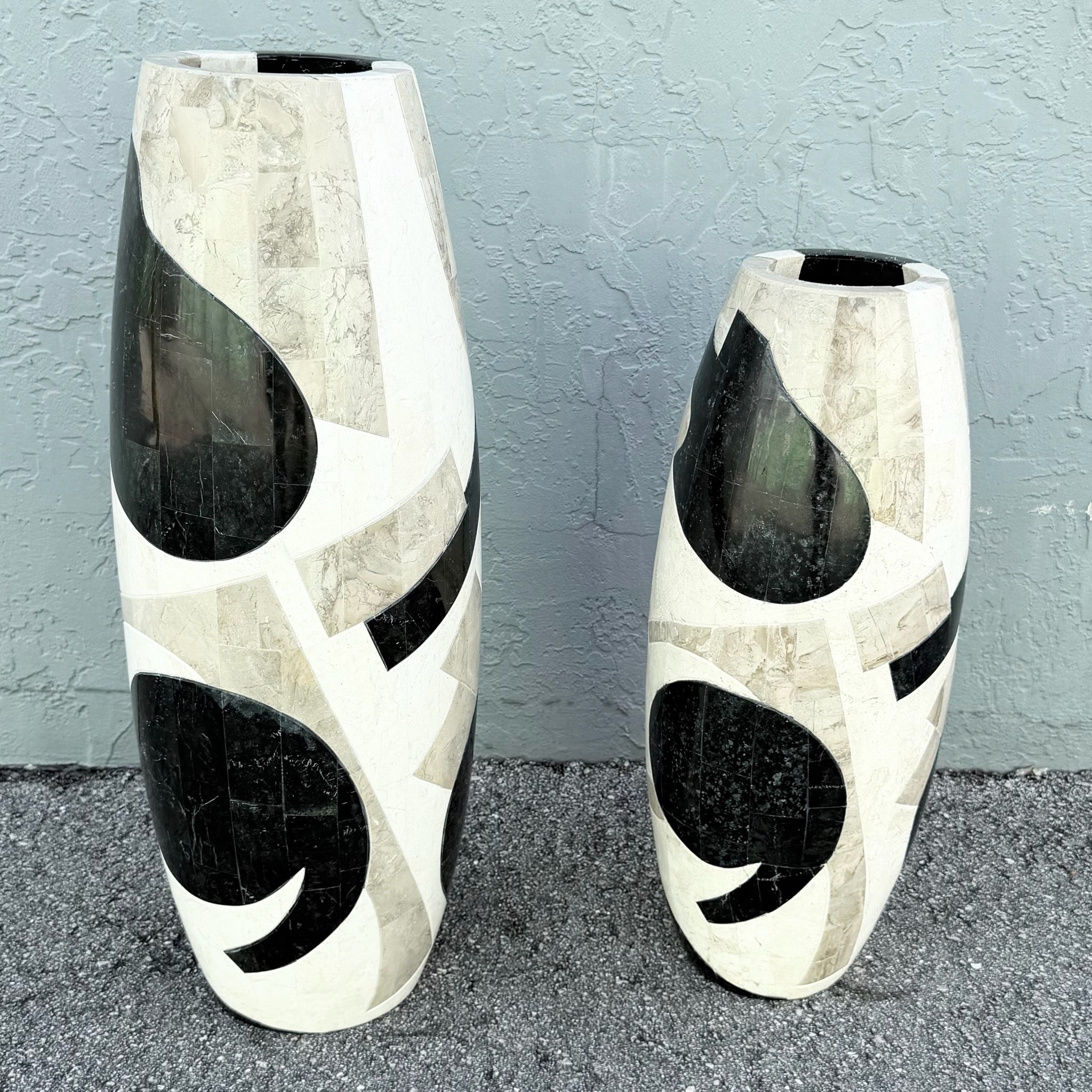 Postmodern Abstract Tessellated Stone Vases - Set of 2 Dolphin & Flamingo