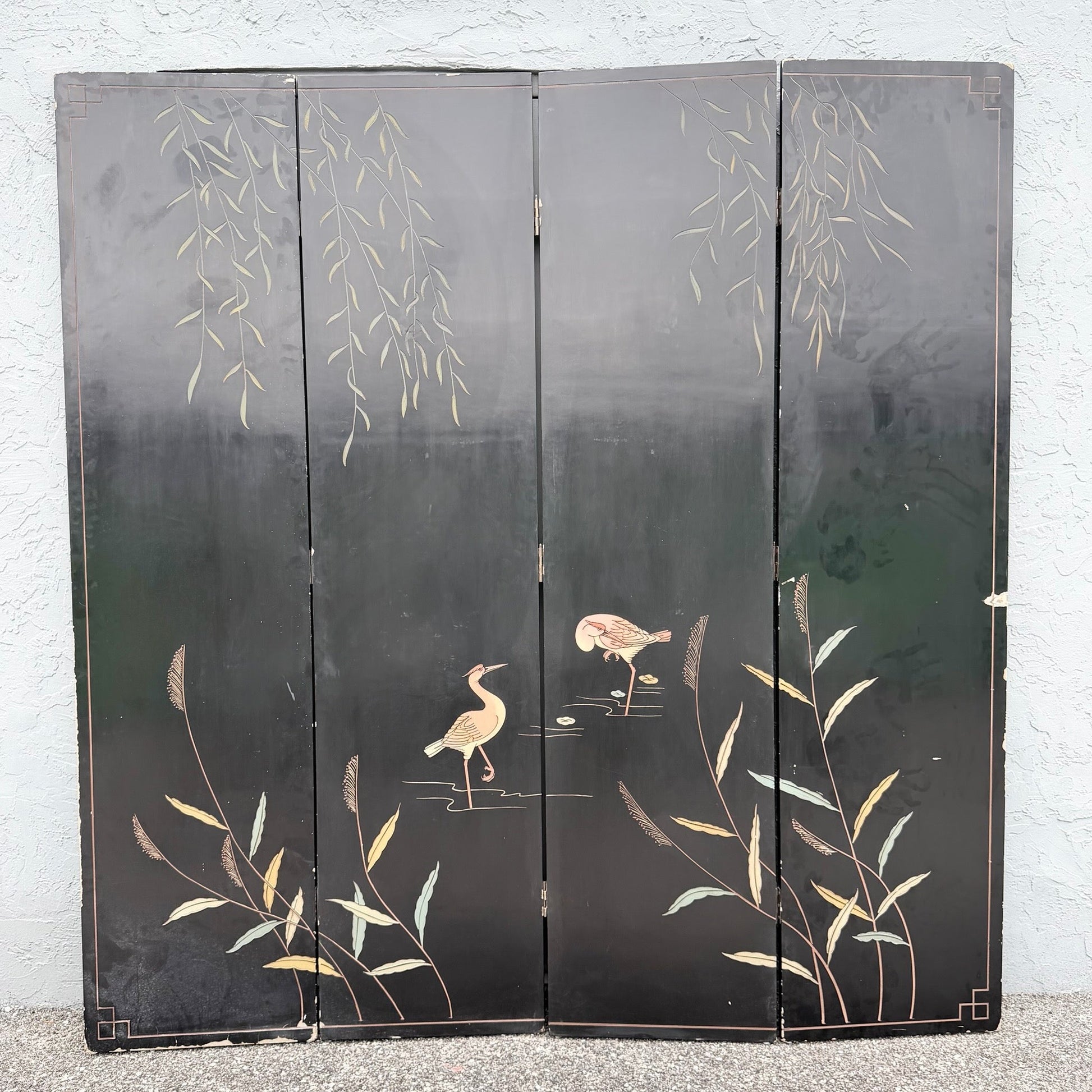 Vintage Chinese Hand Carved and Painted Crackled Room Divider/Screen Dolphin & Flamingo