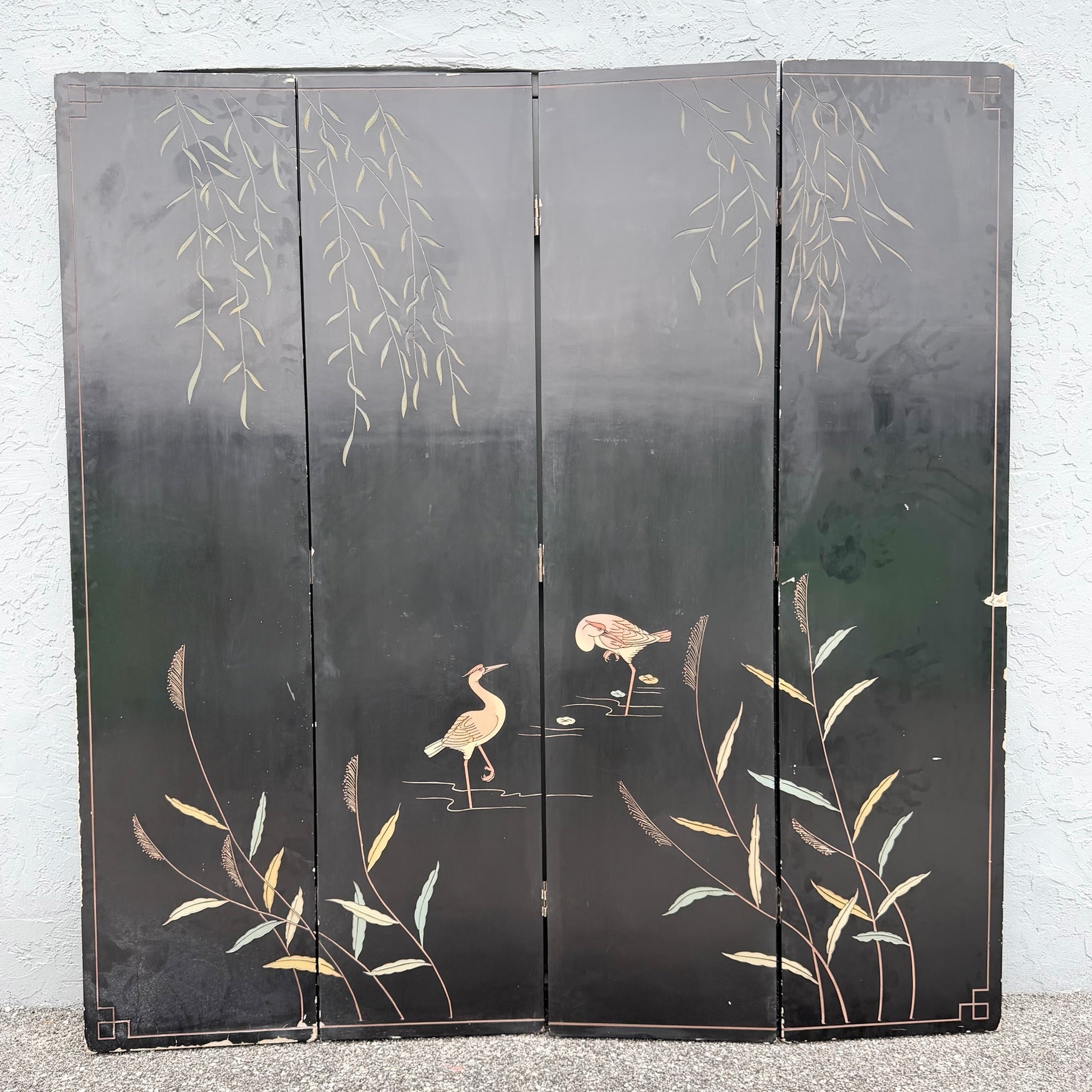 Vintage Chinese Hand Carved and Painted Crackled Room Divider/Screen Dolphin & Flamingo