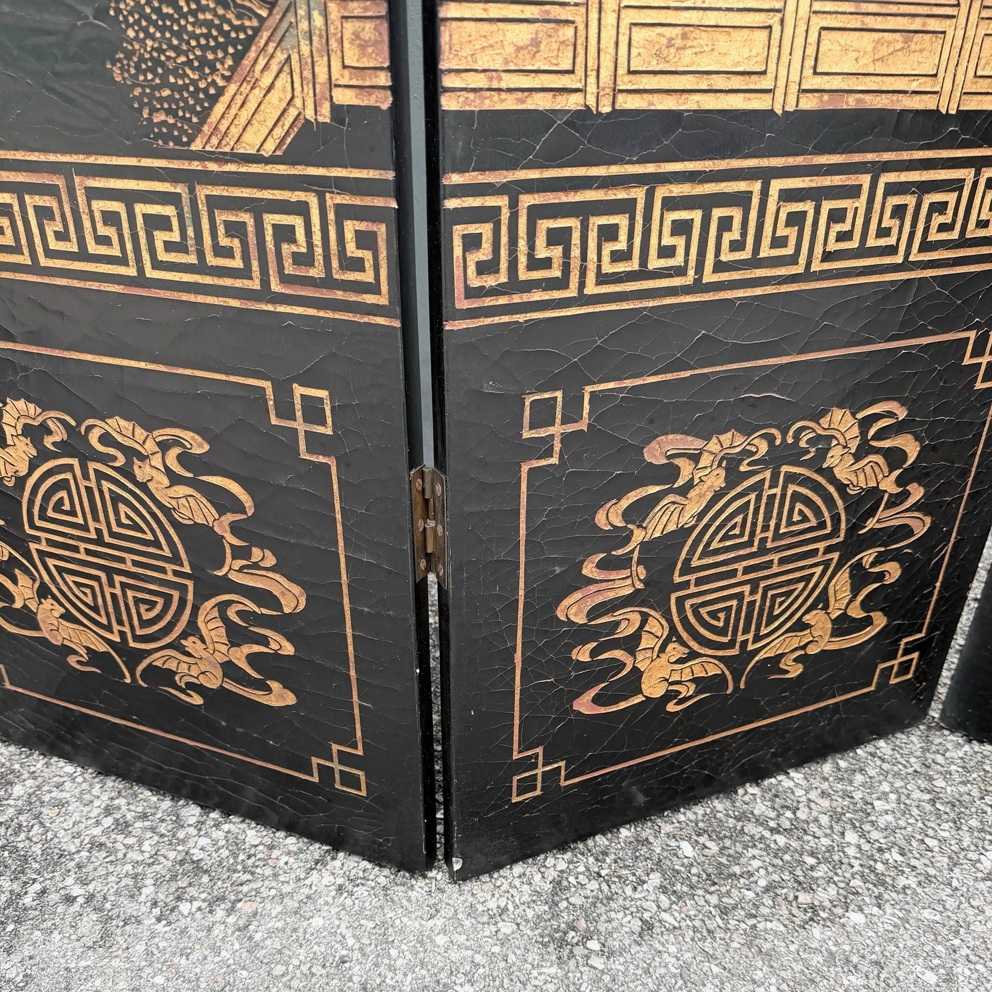 Vintage Chinese Hand Carved and Painted Crackled Room Divider/Screen Dolphin & Flamingo