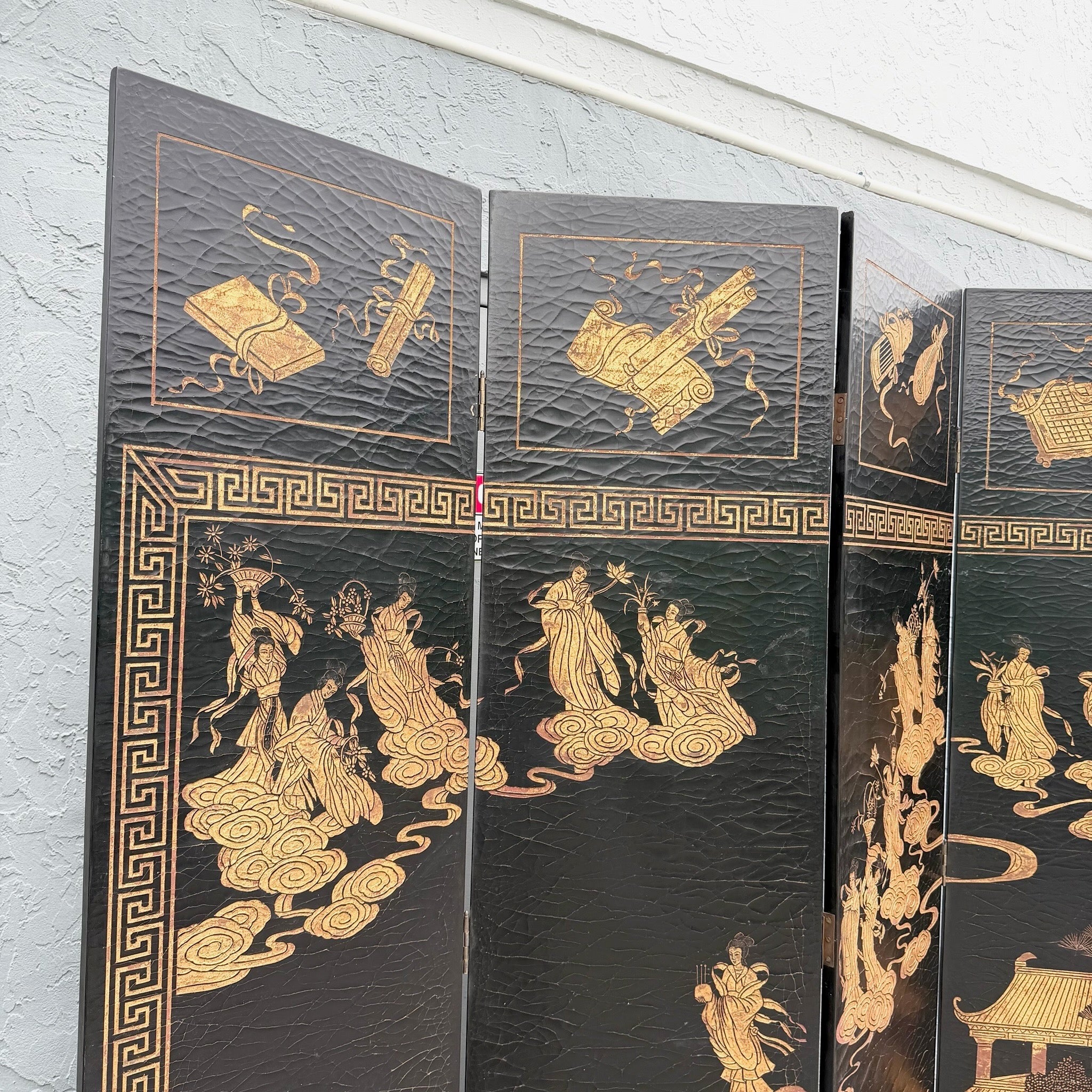 Vintage Chinese Hand Carved and Painted Crackled Room Divider/Screen Dolphin & Flamingo