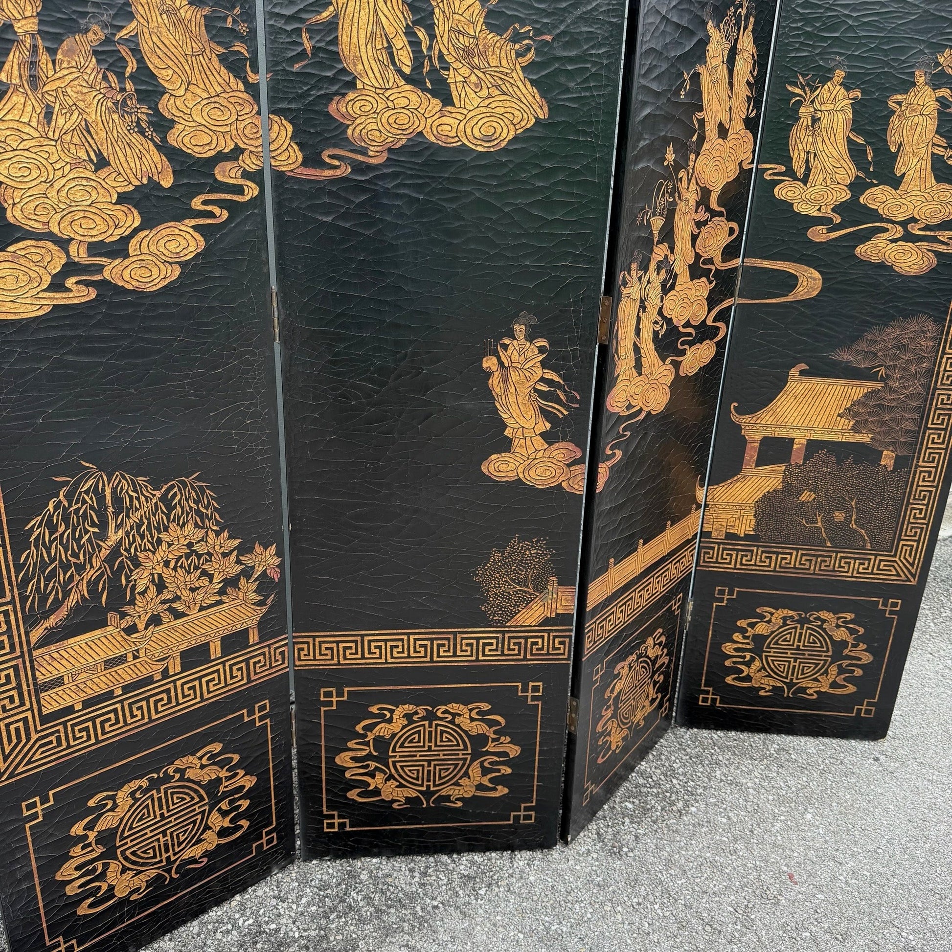 Vintage Chinese Hand Carved and Painted Crackled Room Divider/Screen Dolphin & Flamingo