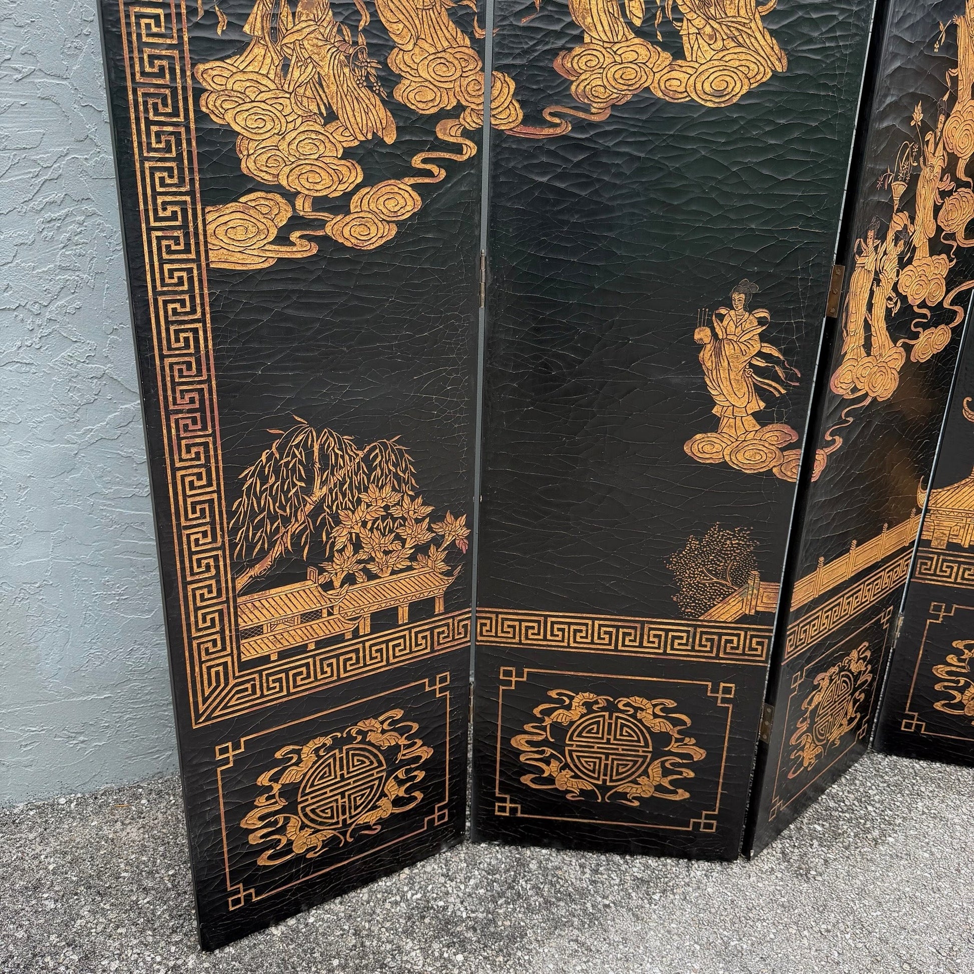 Vintage Chinese Hand Carved and Painted Crackled Room Divider/Screen Dolphin & Flamingo