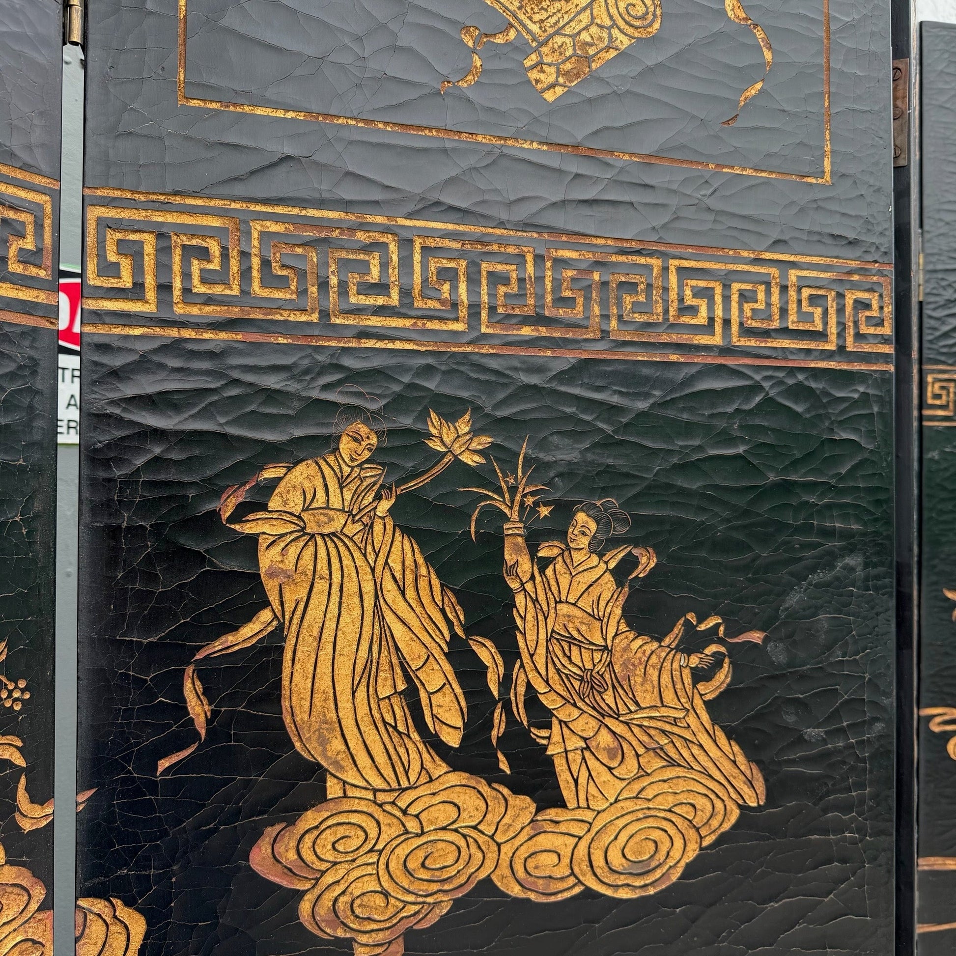 Vintage Chinese Hand Carved and Painted Crackled Room Divider/Screen Dolphin & Flamingo