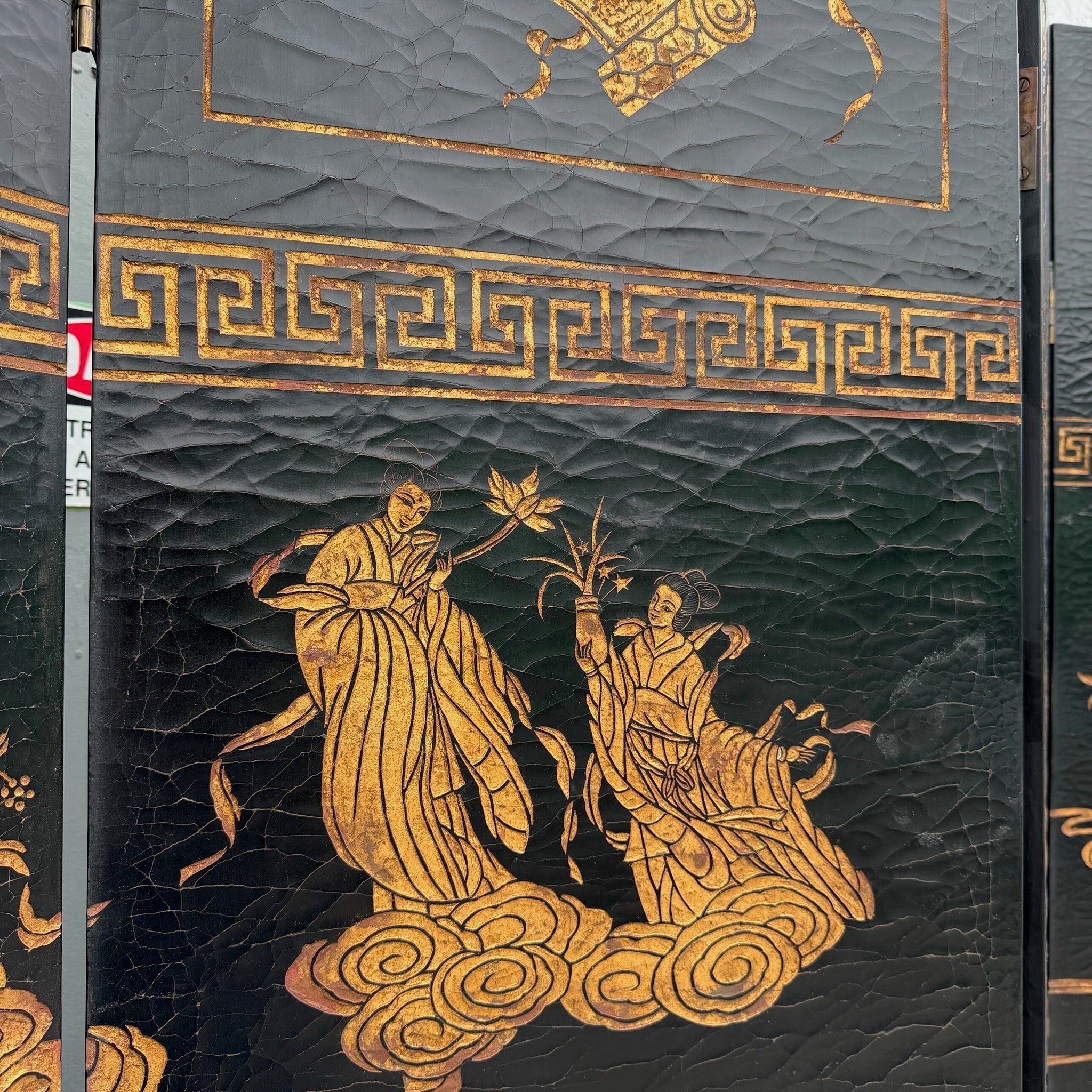 Vintage Chinese Hand Carved and Painted Crackled Room Divider/Screen Dolphin & Flamingo