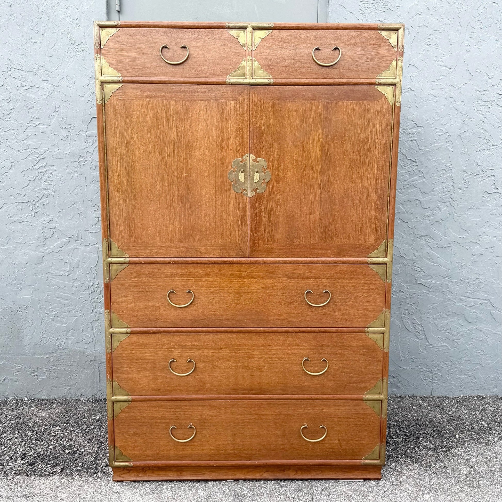 Vintage Chinese Teak and Brass Armoire/Highboy Dresser Dolphin & Flamingo