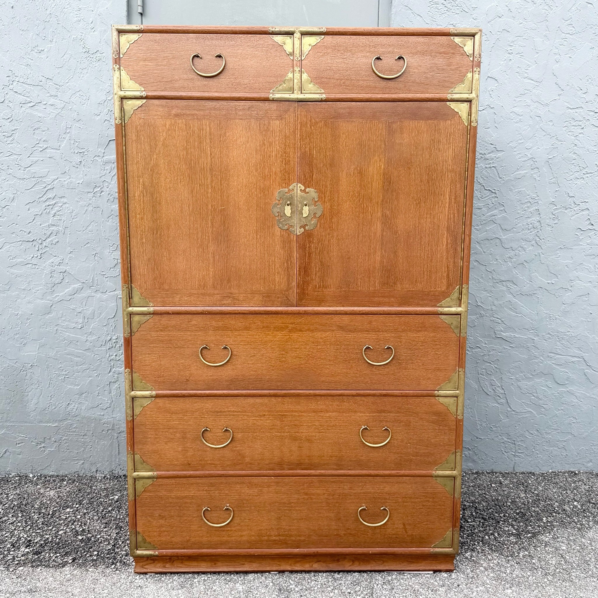 Vintage Chinese Teak and Brass Armoire/Highboy Dresser Dolphin & Flamingo