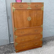 Vintage Chinese Teak and Brass Armoire/Highboy Dresser Dolphin & Flamingo