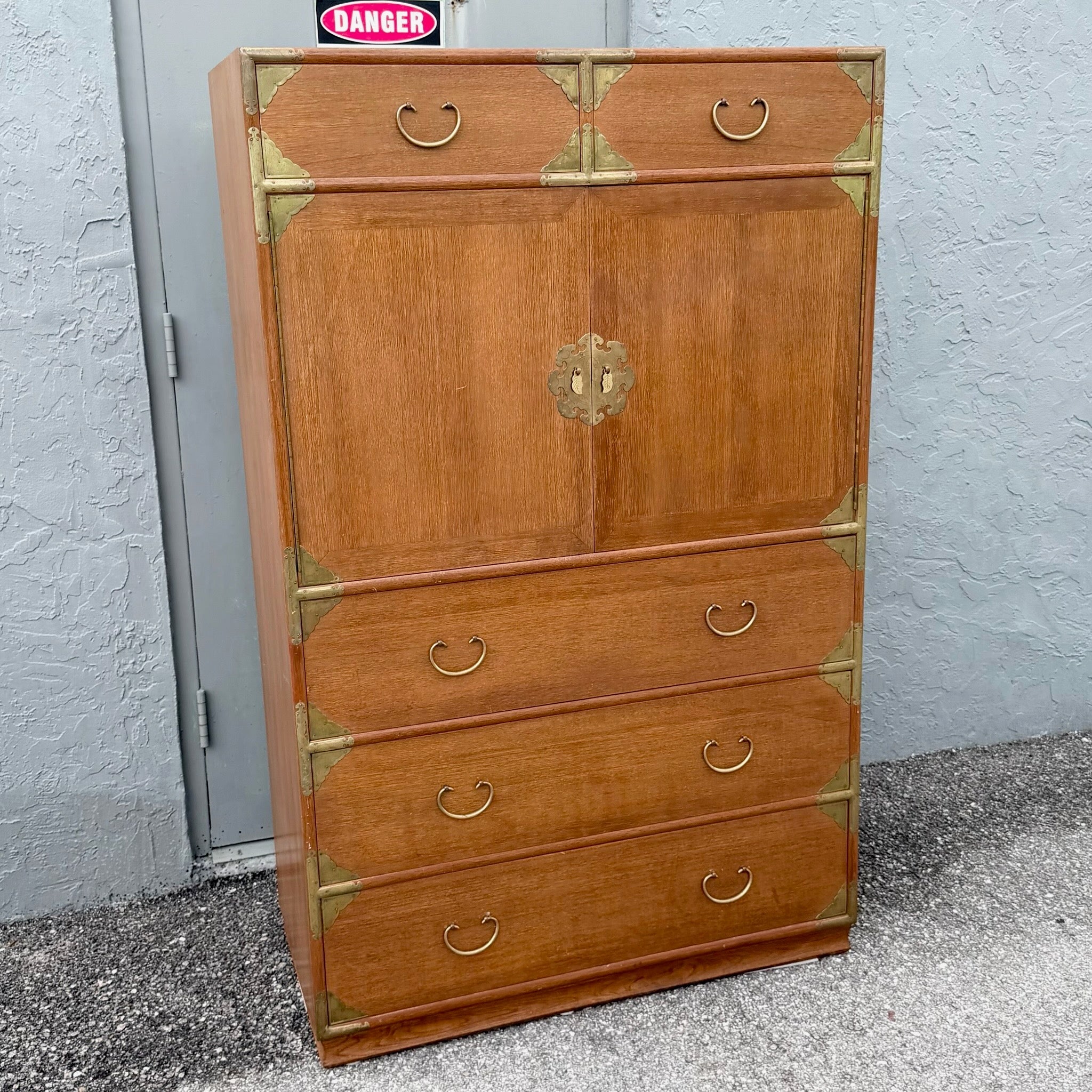 Vintage Chinese Teak and Brass Armoire/Highboy Dresser Dolphin & Flamingo