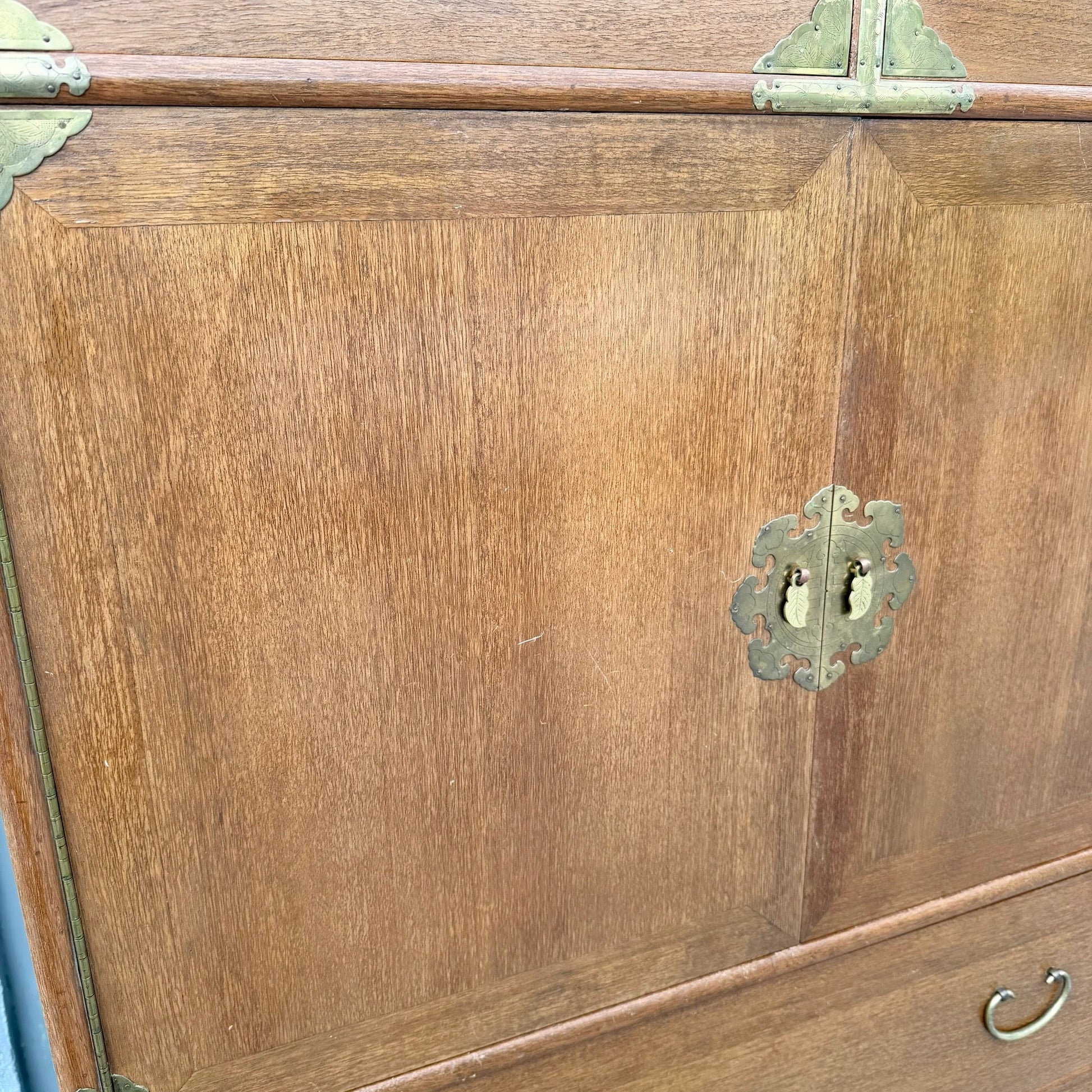 Vintage Chinese Teak and Brass Armoire/Highboy Dresser Dolphin & Flamingo
