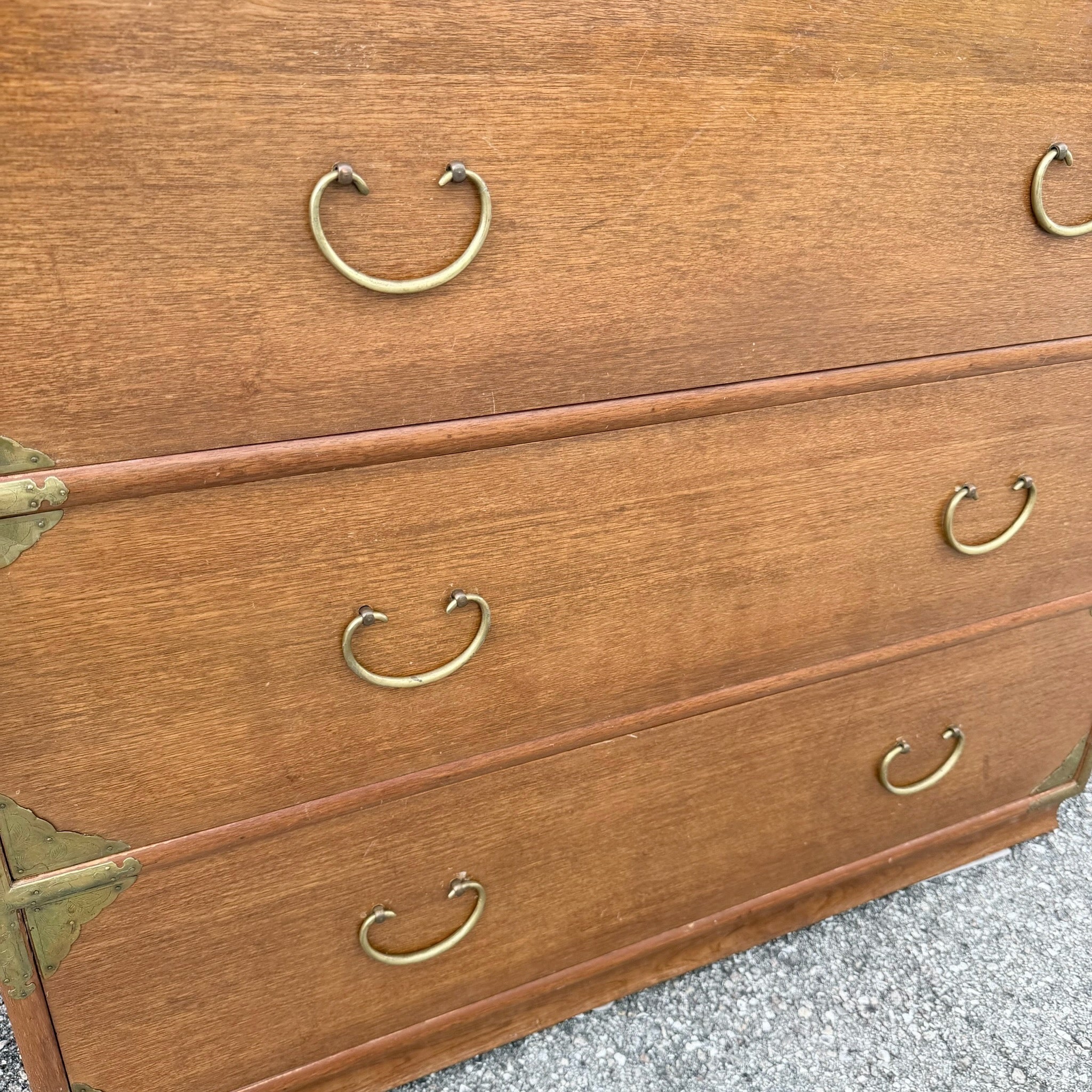 Vintage Chinese Teak and Brass Armoire/Highboy Dresser Dolphin & Flamingo