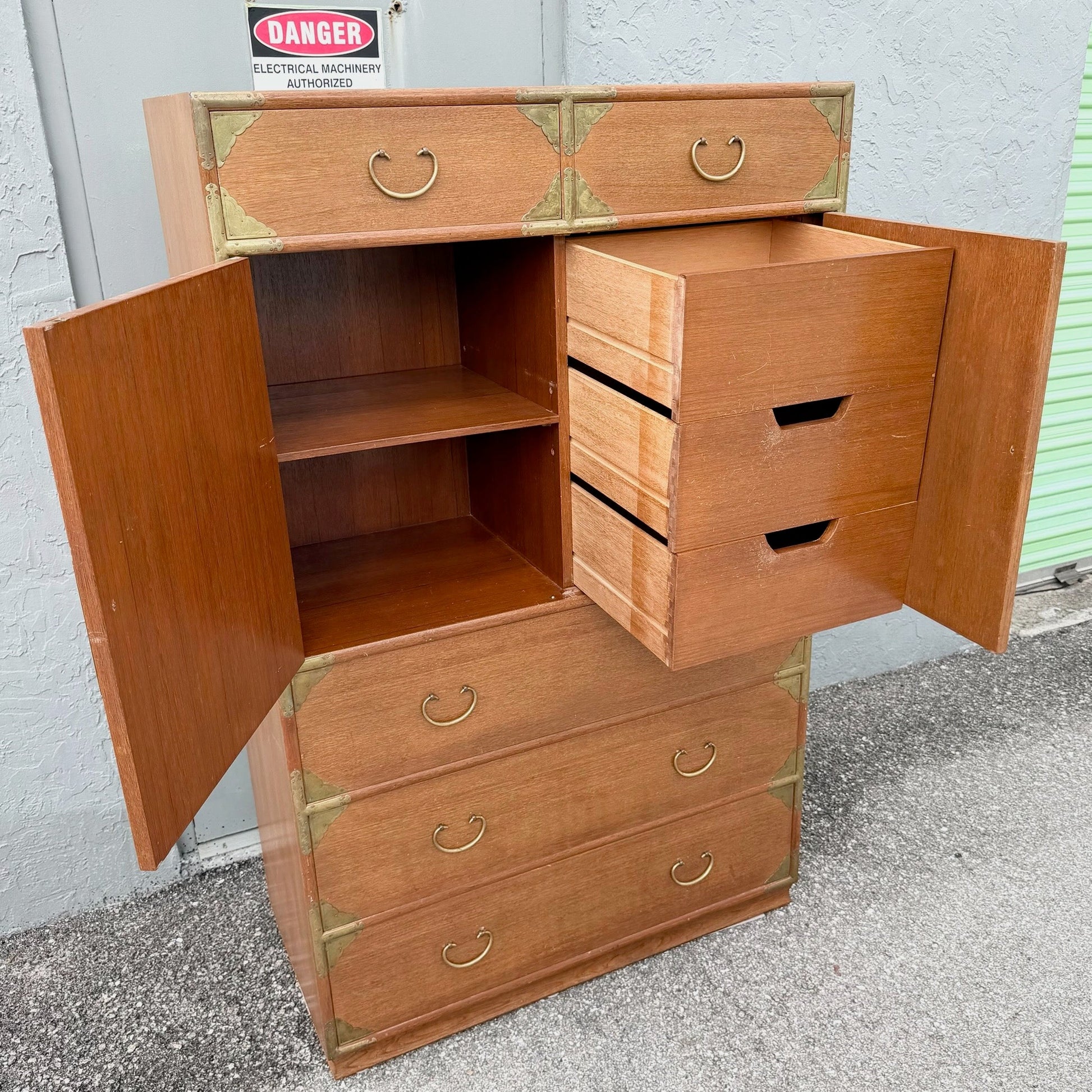 Vintage Chinese Teak and Brass Armoire/Highboy Dresser Dolphin & Flamingo