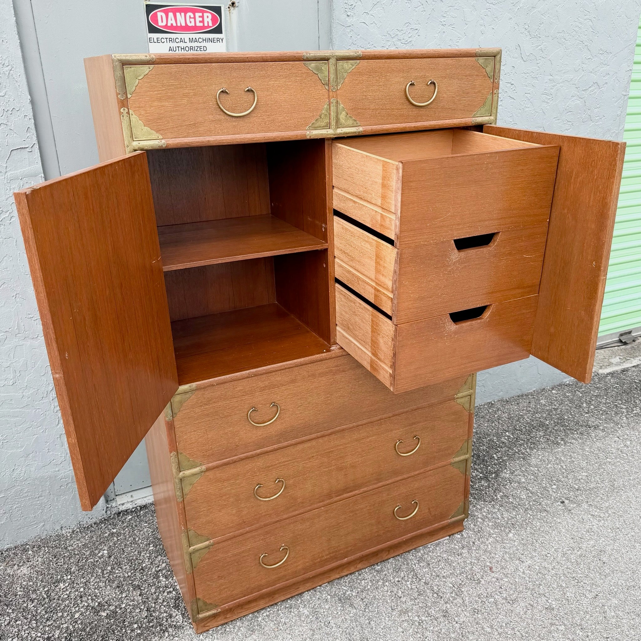 Vintage Chinese Teak and Brass Armoire/Highboy Dresser Dolphin & Flamingo