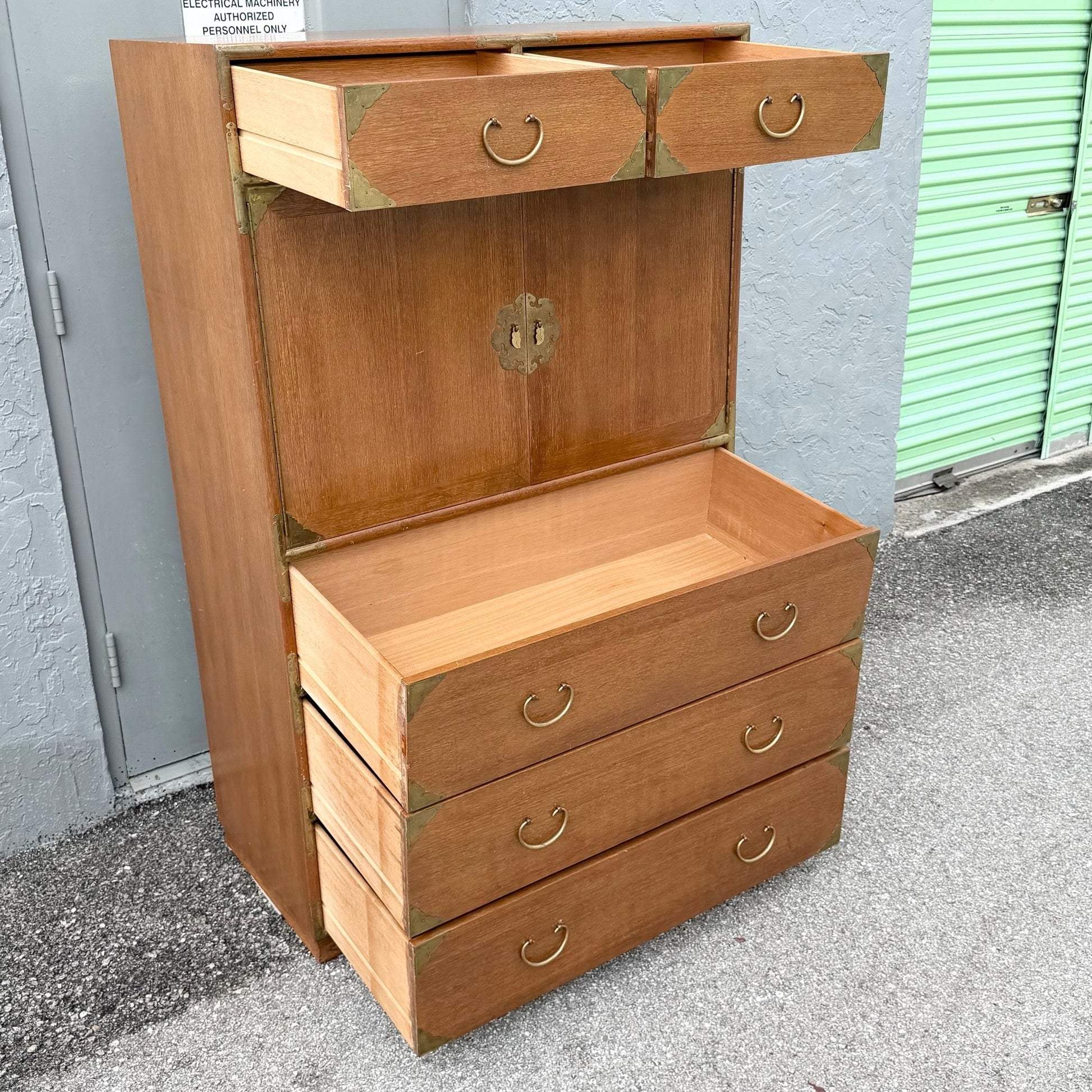 Vintage Chinese Teak and Brass Armoire/Highboy Dresser Dolphin & Flamingo