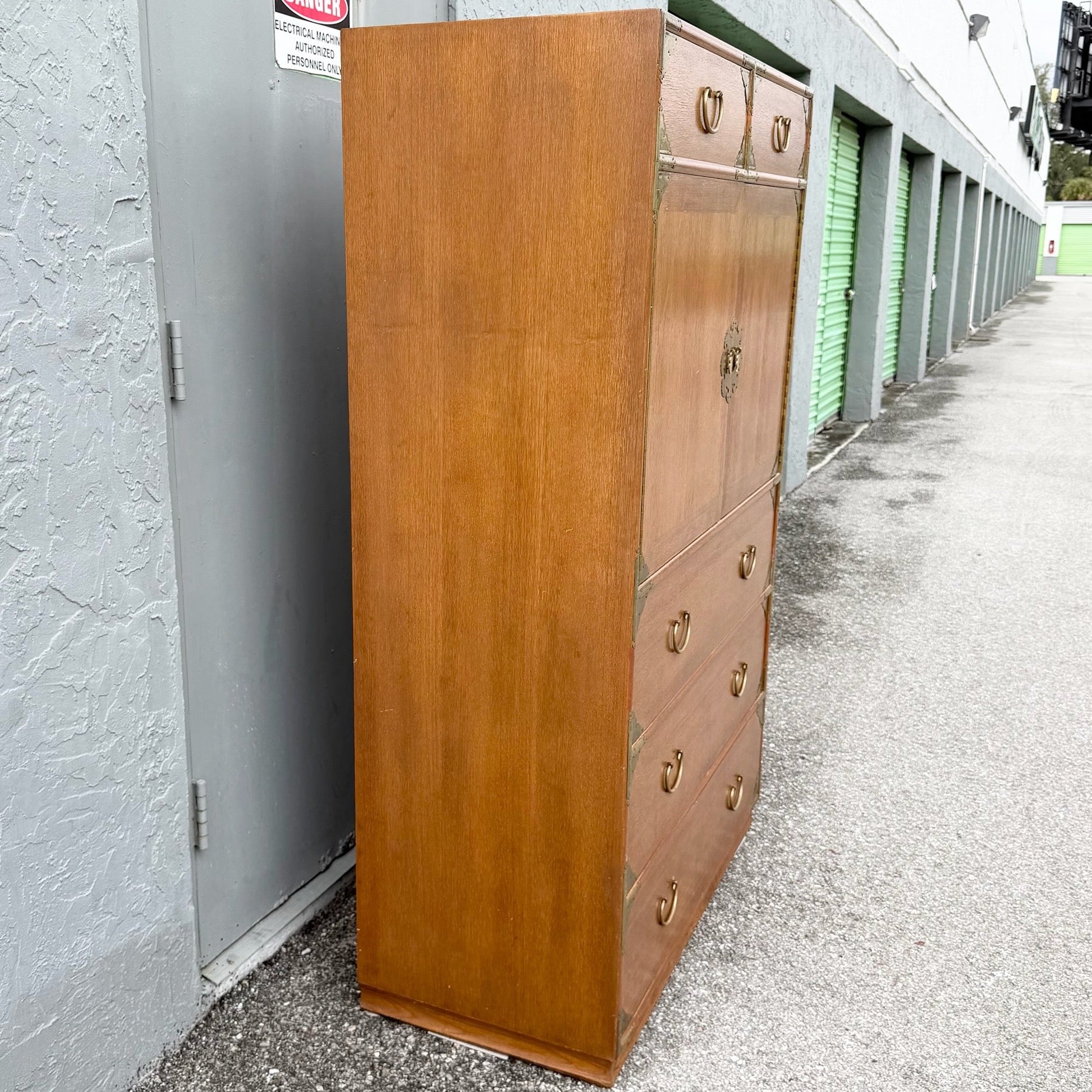 Vintage Chinese Teak and Brass Armoire/Highboy Dresser Dolphin & Flamingo