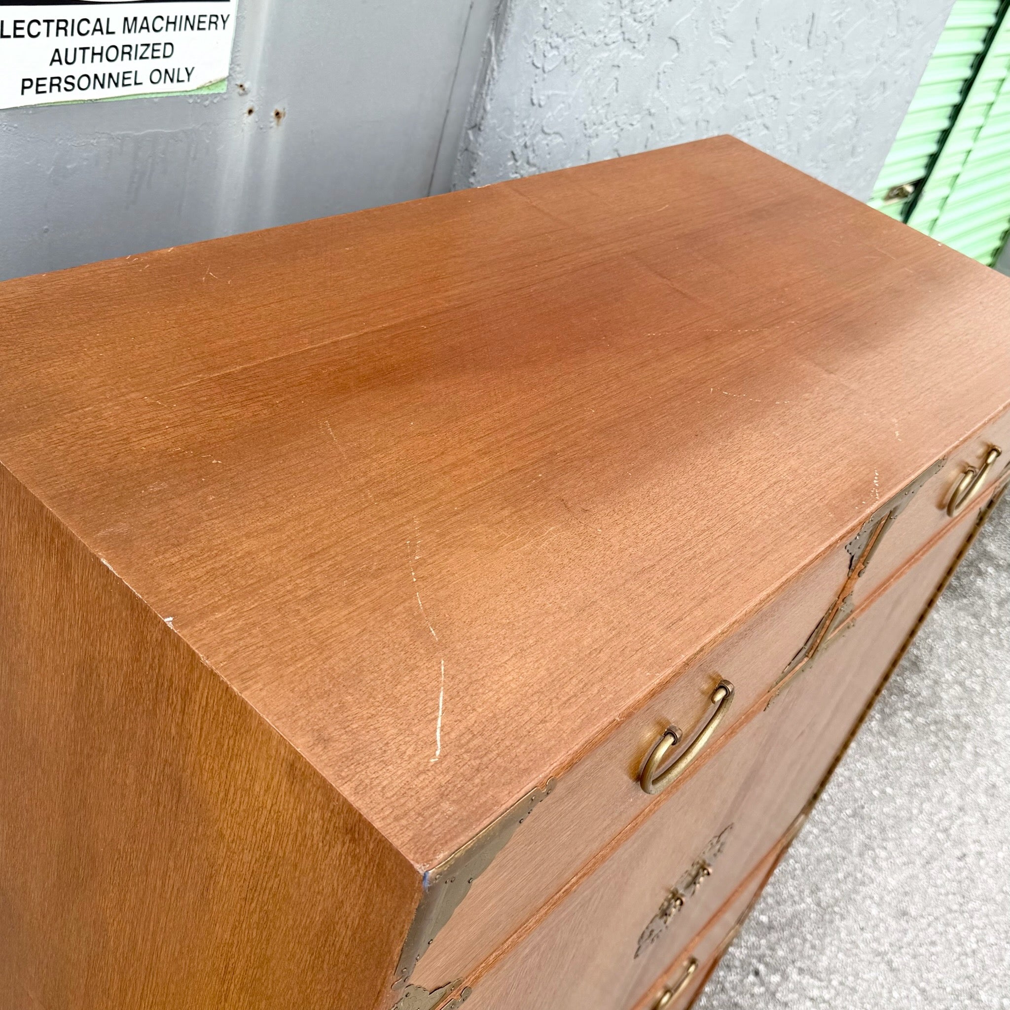 Vintage Chinese Teak and Brass Armoire/Highboy Dresser Dolphin & Flamingo
