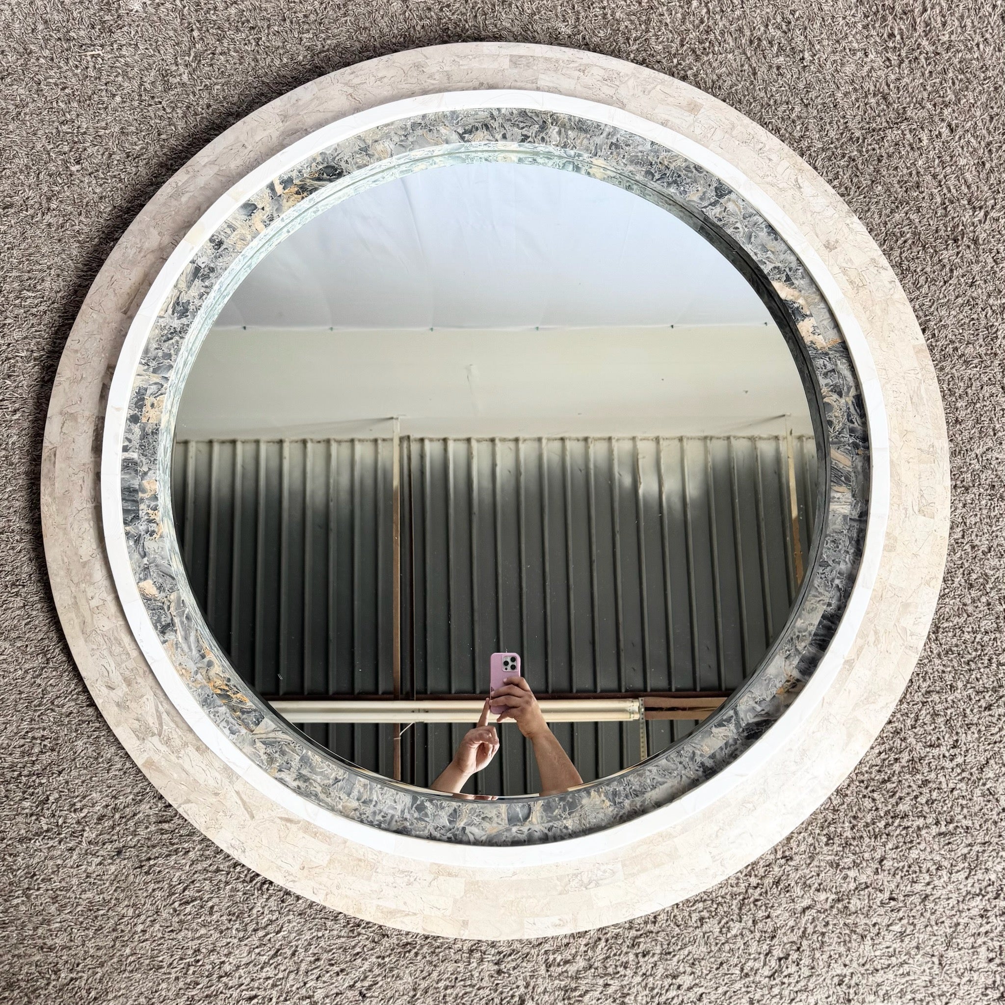 Postmodern Grey White and Tan Tessellated Stone Circular Wall Mirror