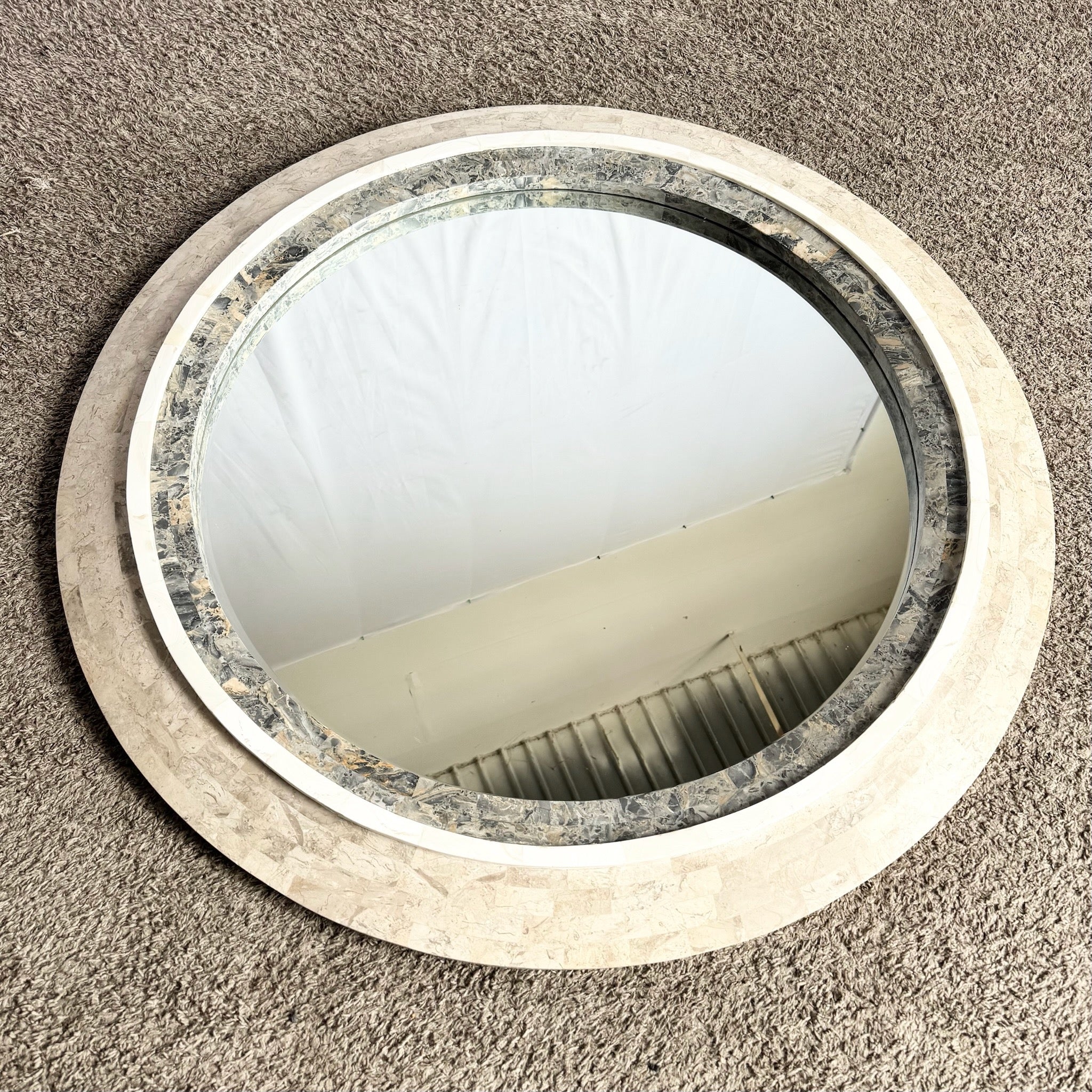 Postmodern Grey White and Tan Tessellated Stone Circular Wall Mirror