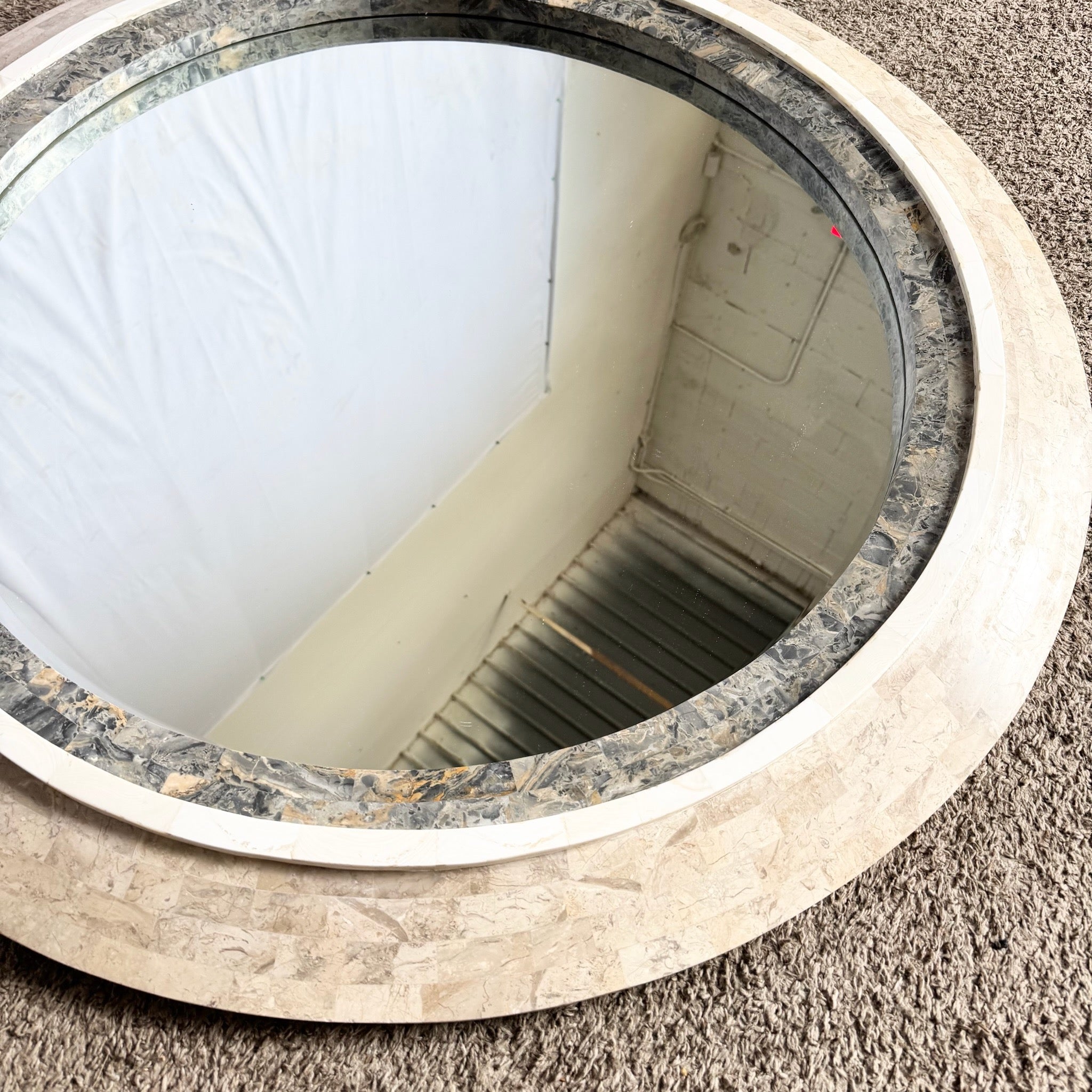 Postmodern Grey White and Tan Tessellated Stone Circular Wall Mirror
