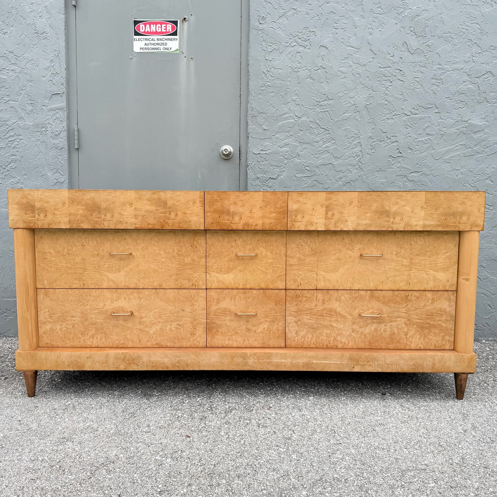 Mid Century Modern Burlwood Dresser With Copper Legs Dolphin & Flamingo