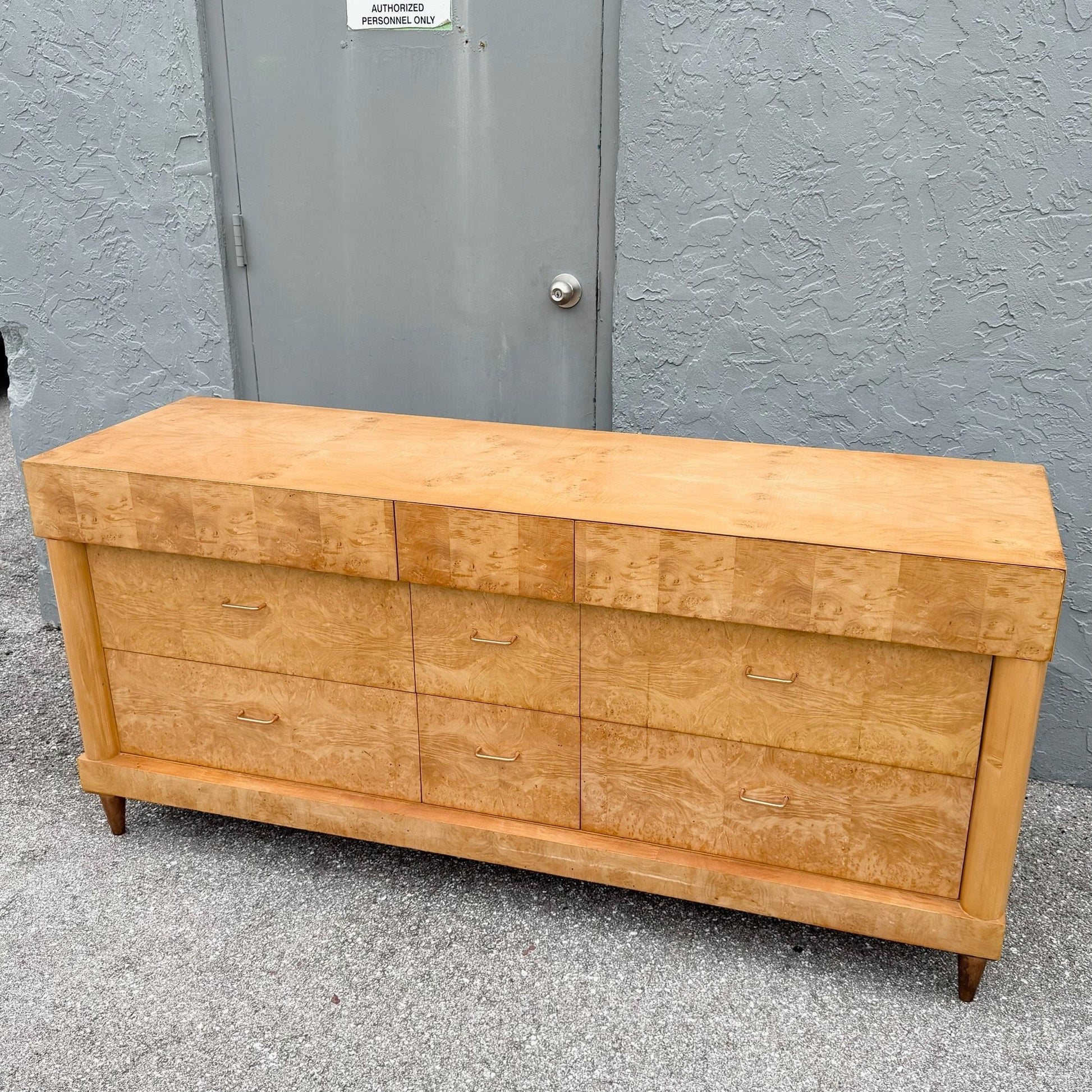 Mid Century Modern Burlwood Dresser With Copper Legs Dolphin & Flamingo