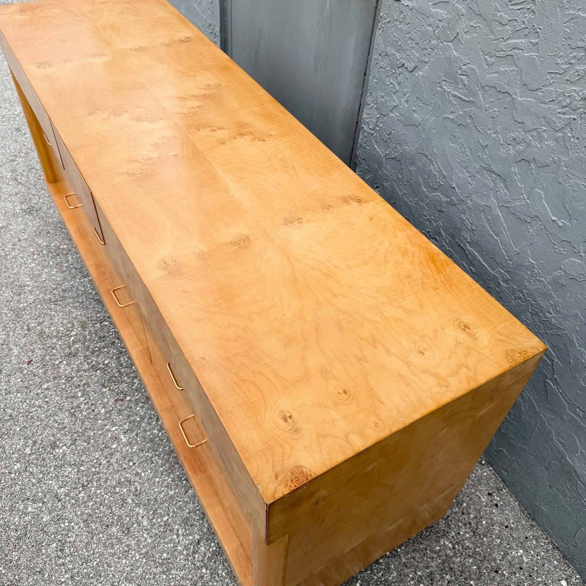 Mid Century Modern Burlwood Dresser With Copper Legs Dolphin & Flamingo