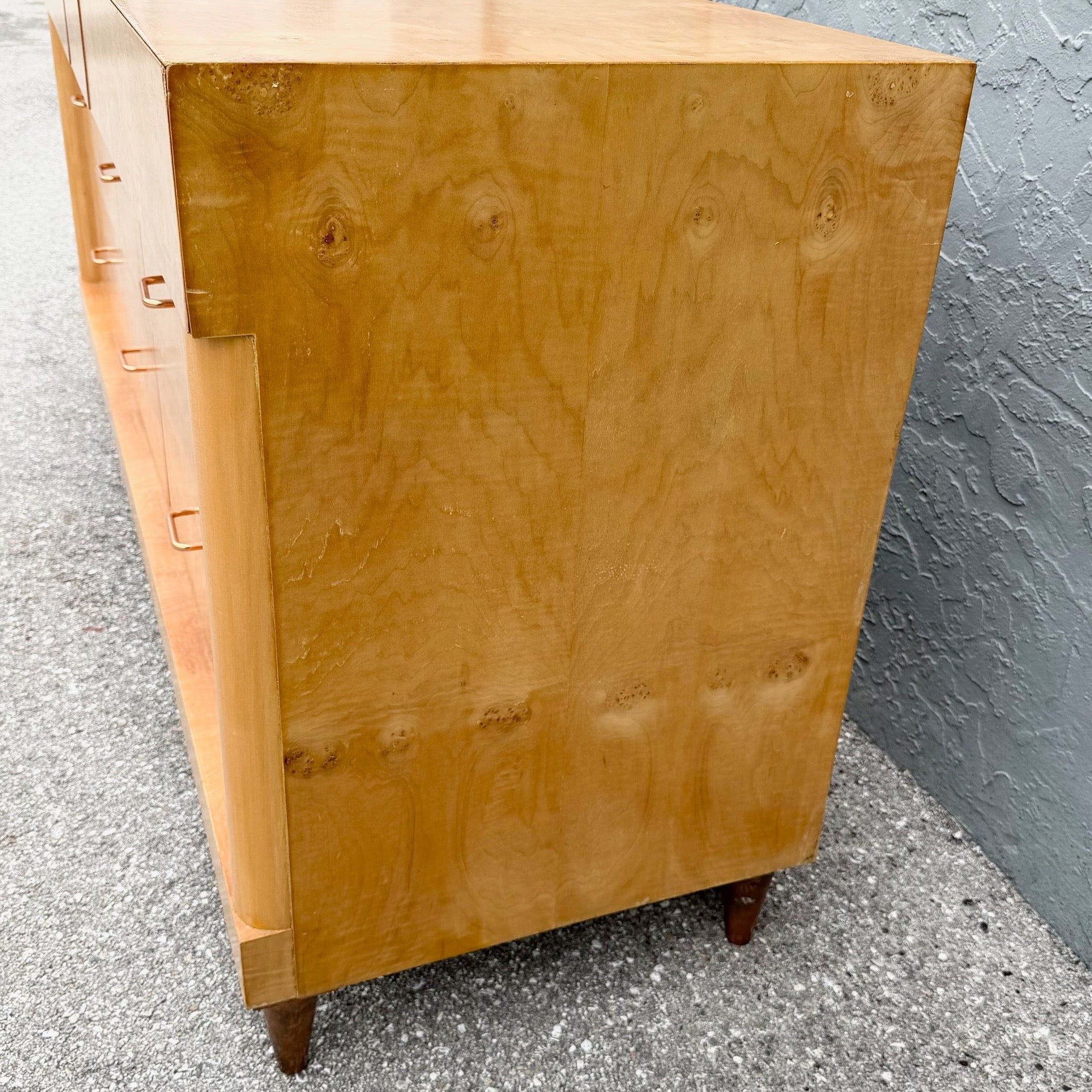 Mid Century Modern Burlwood Dresser With Copper Legs Dolphin & Flamingo