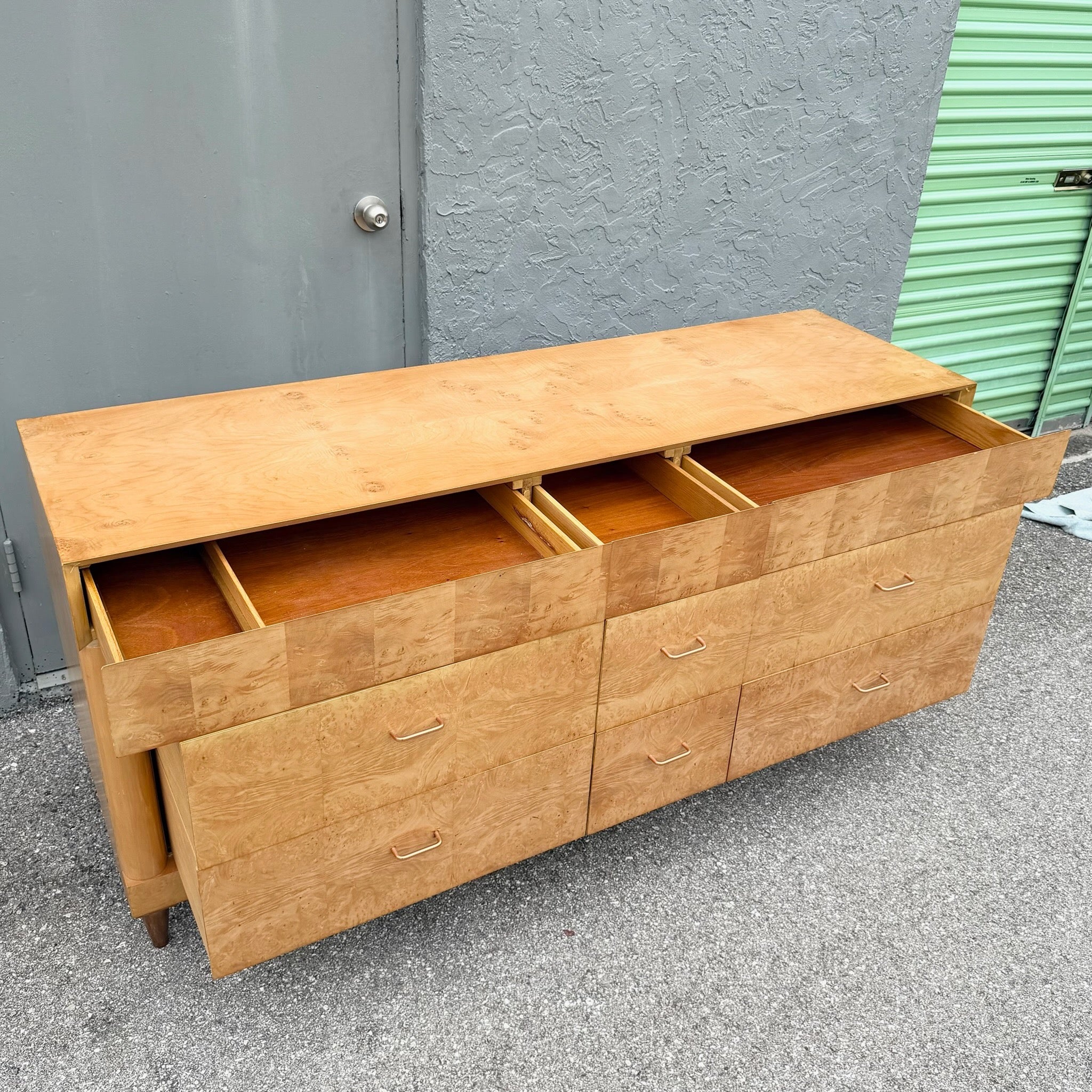 Mid Century Modern Burlwood Dresser With Copper Legs Dolphin & Flamingo