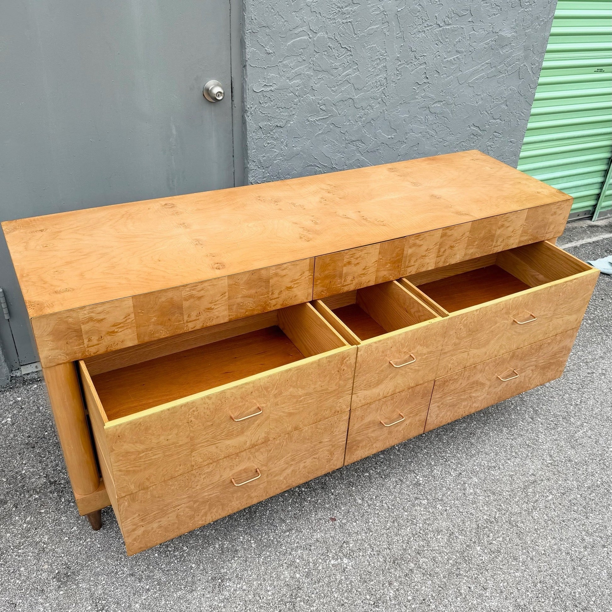 Mid Century Modern Burlwood Dresser With Copper Legs Dolphin & Flamingo