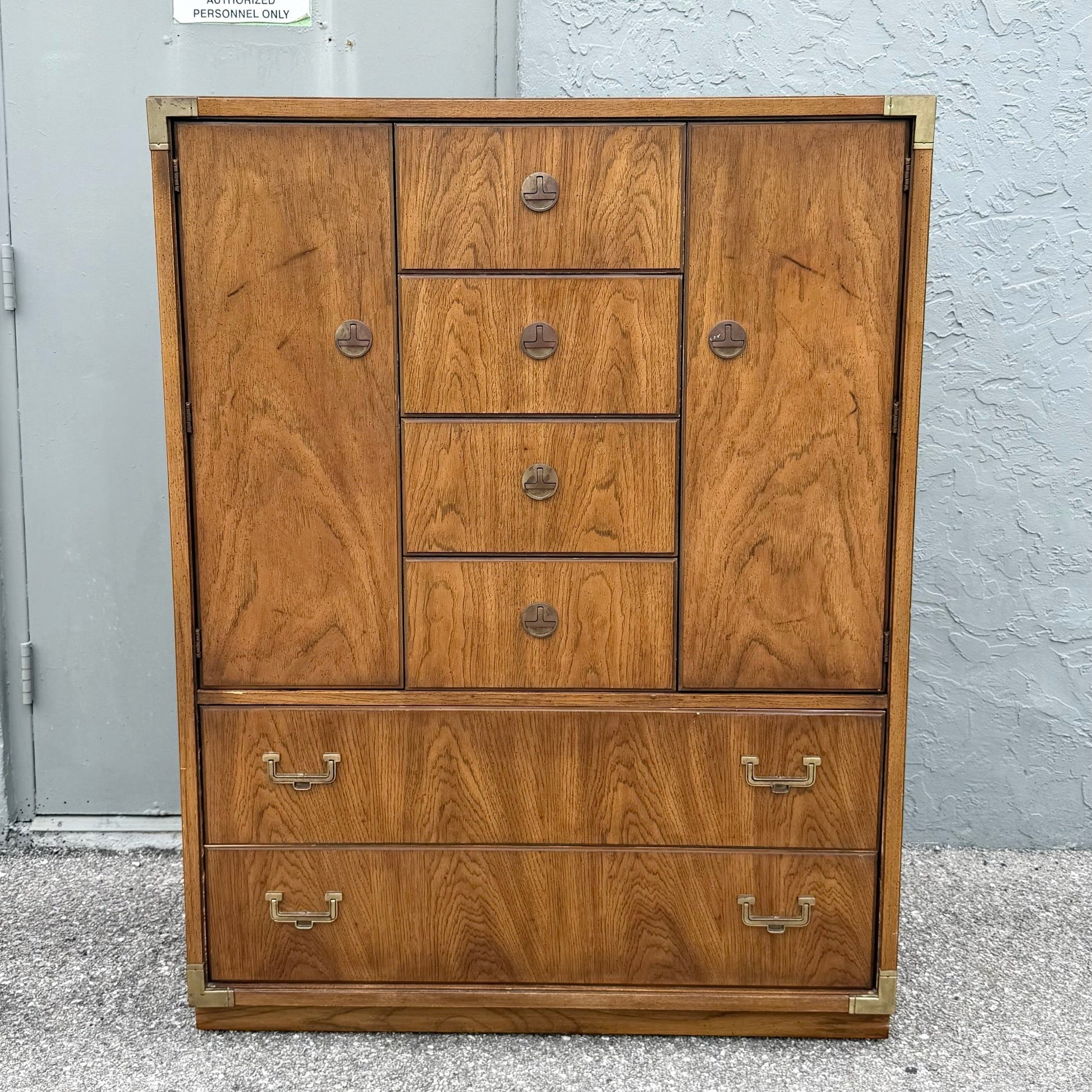 Vintage Huntley Campaign Highboy Dresser by Thomasville Dolphin & Flamingo