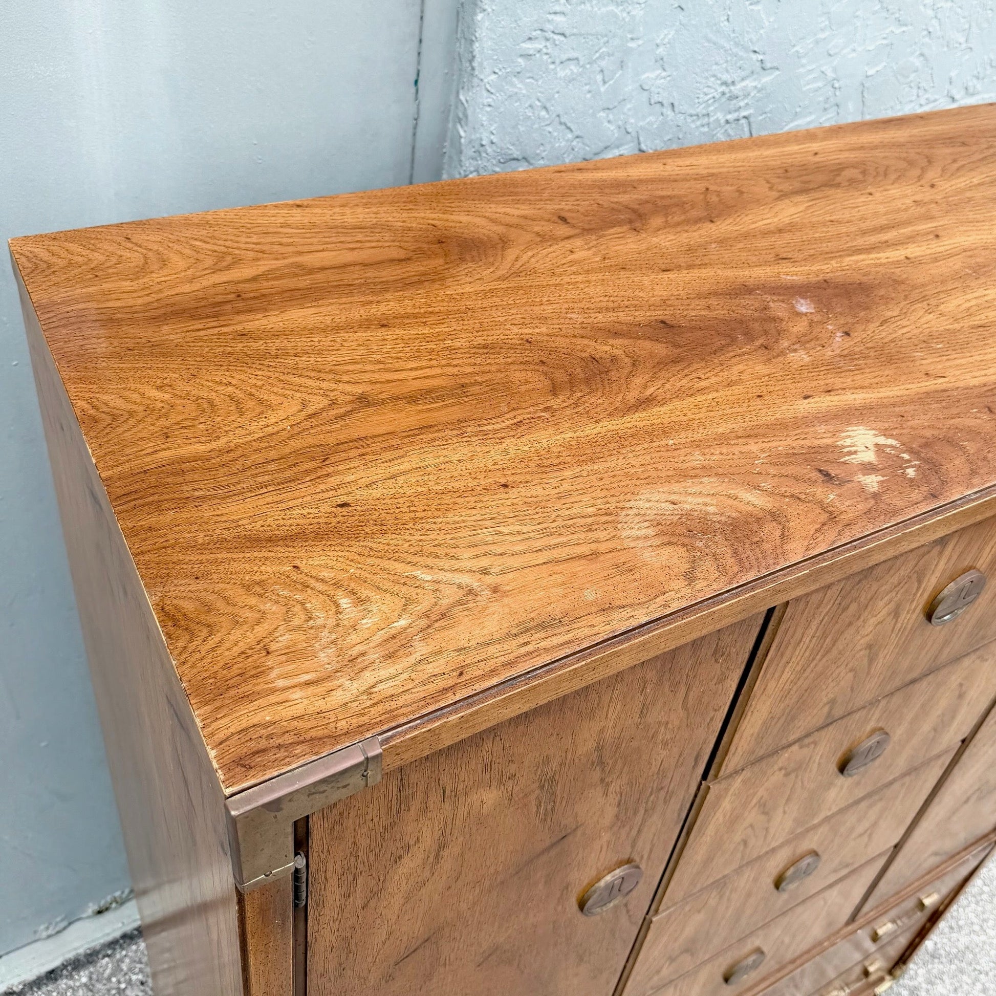 Vintage Huntley Campaign Highboy Dresser by Thomasville Dolphin & Flamingo