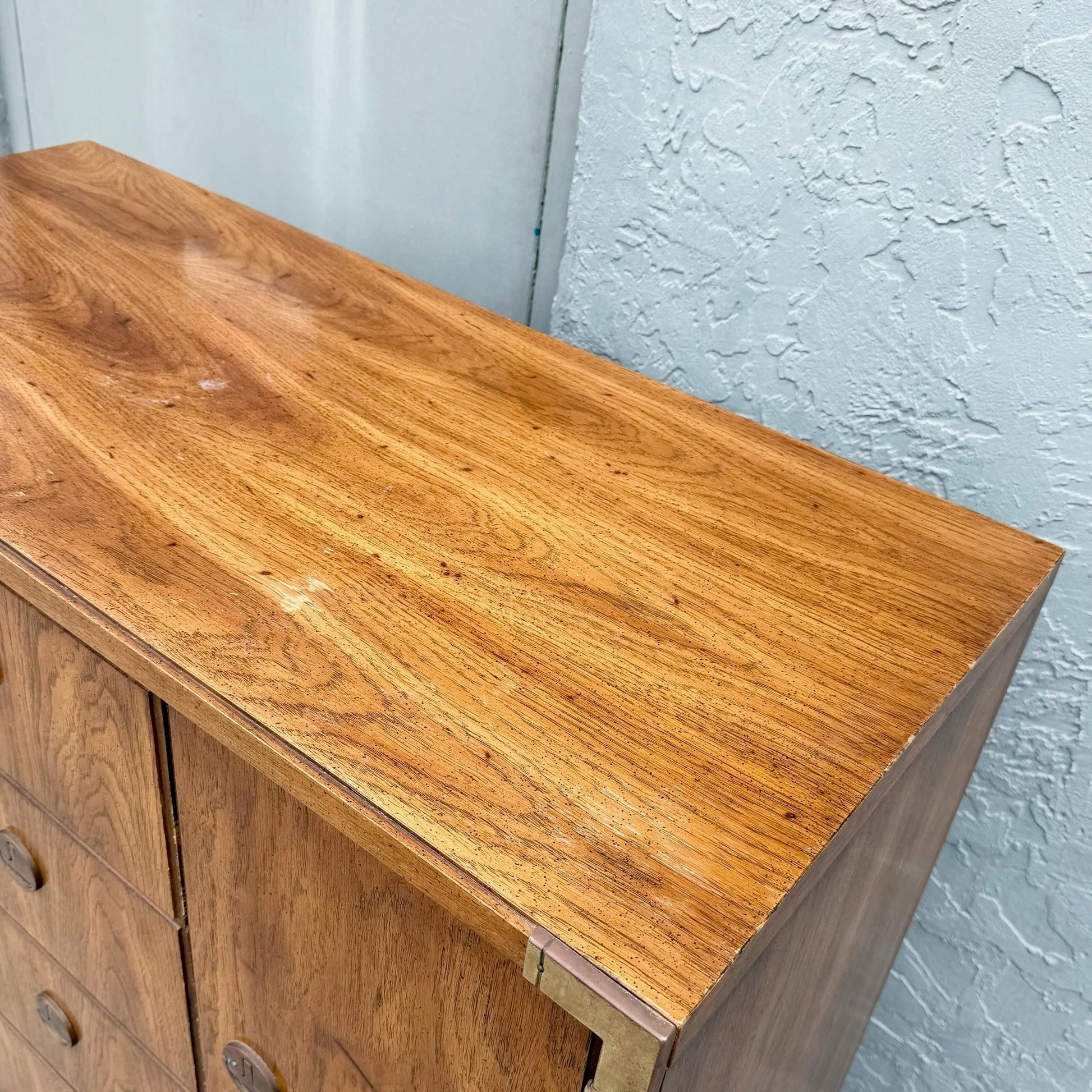Vintage Huntley Campaign Highboy Dresser by Thomasville Dolphin & Flamingo