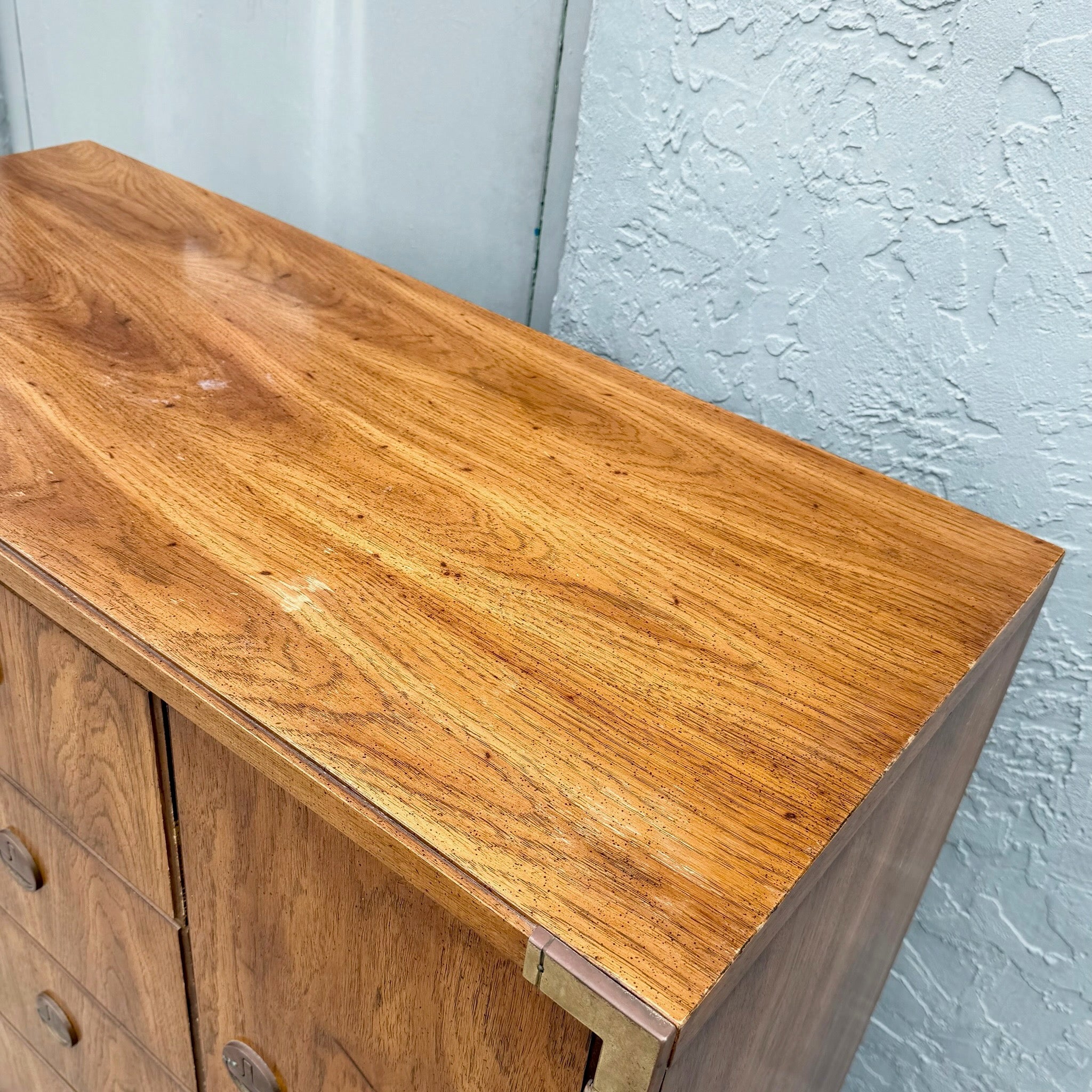Vintage Huntley Campaign Highboy Dresser by Thomasville Dolphin & Flamingo