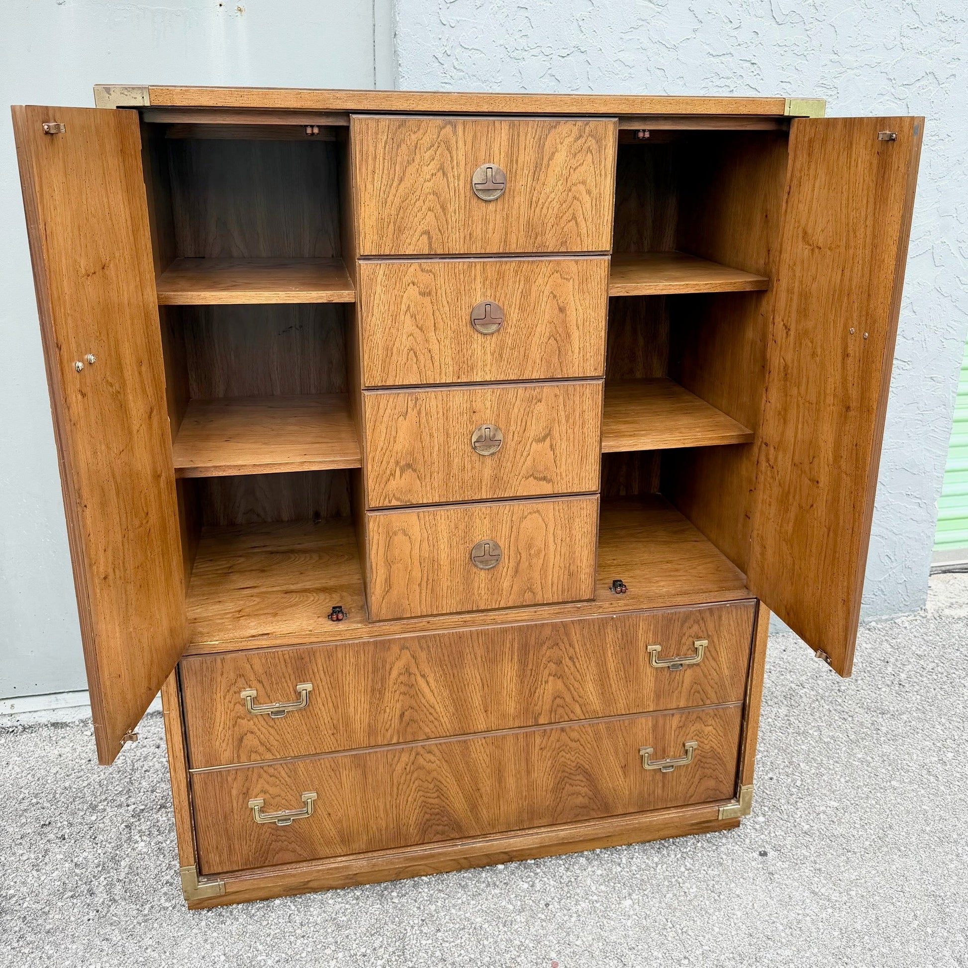 Vintage Huntley Campaign Highboy Dresser by Thomasville Dolphin & Flamingo