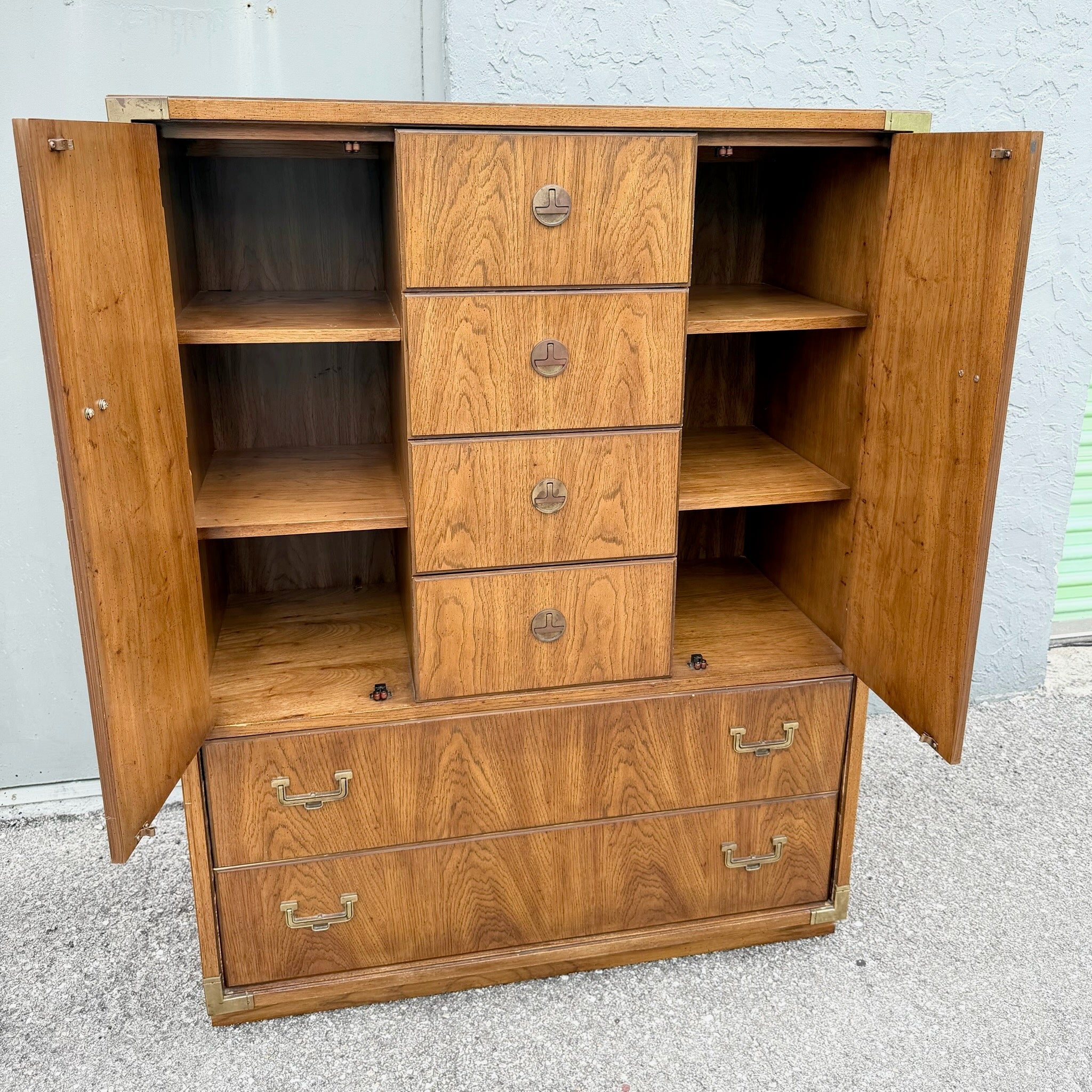 Vintage Huntley Campaign Highboy Dresser by Thomasville Dolphin & Flamingo