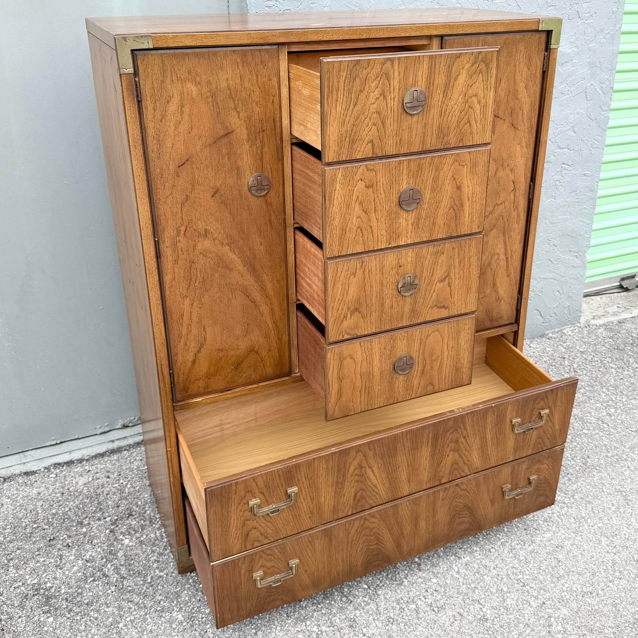 Vintage Huntley Campaign Highboy Dresser by Thomasville Dolphin & Flamingo
