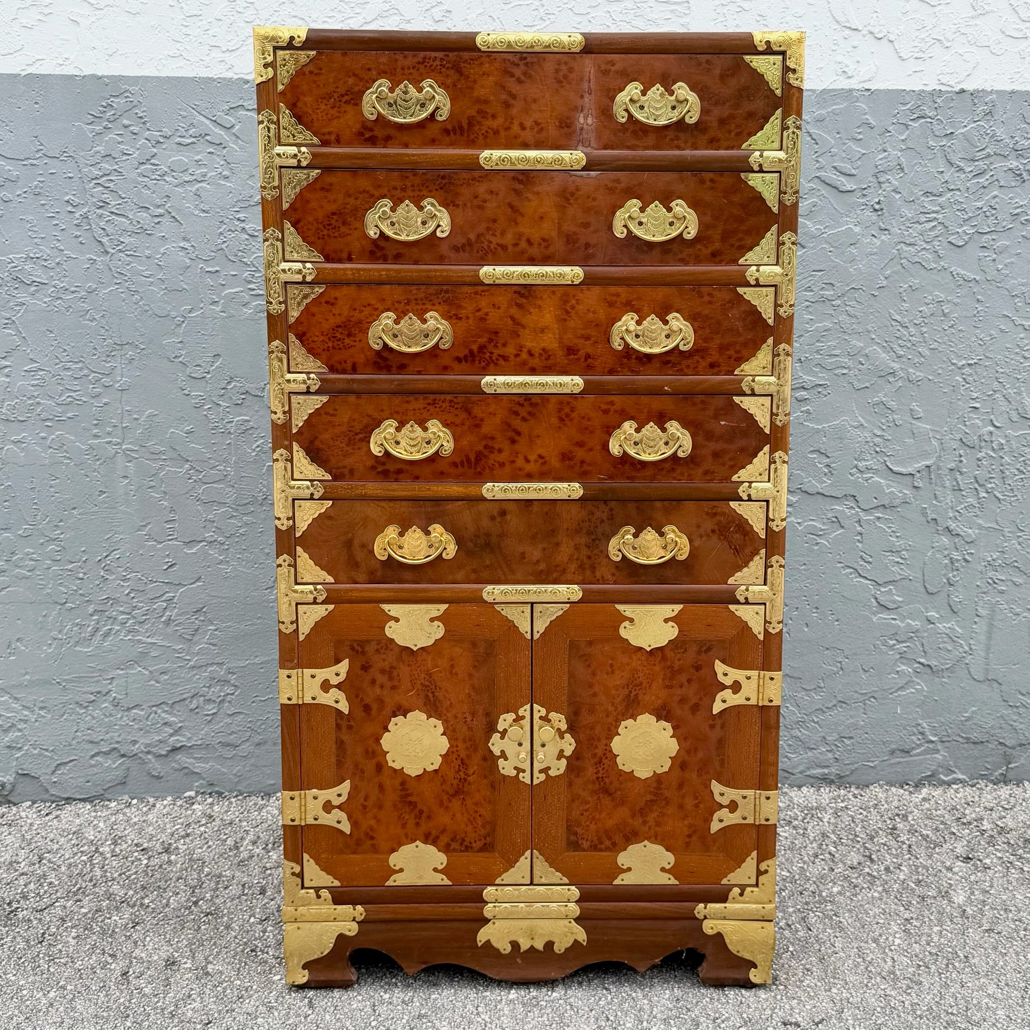 Vintage Chinese Brass and Burlwood Lingerie Armoire Dolphin & Flamingo