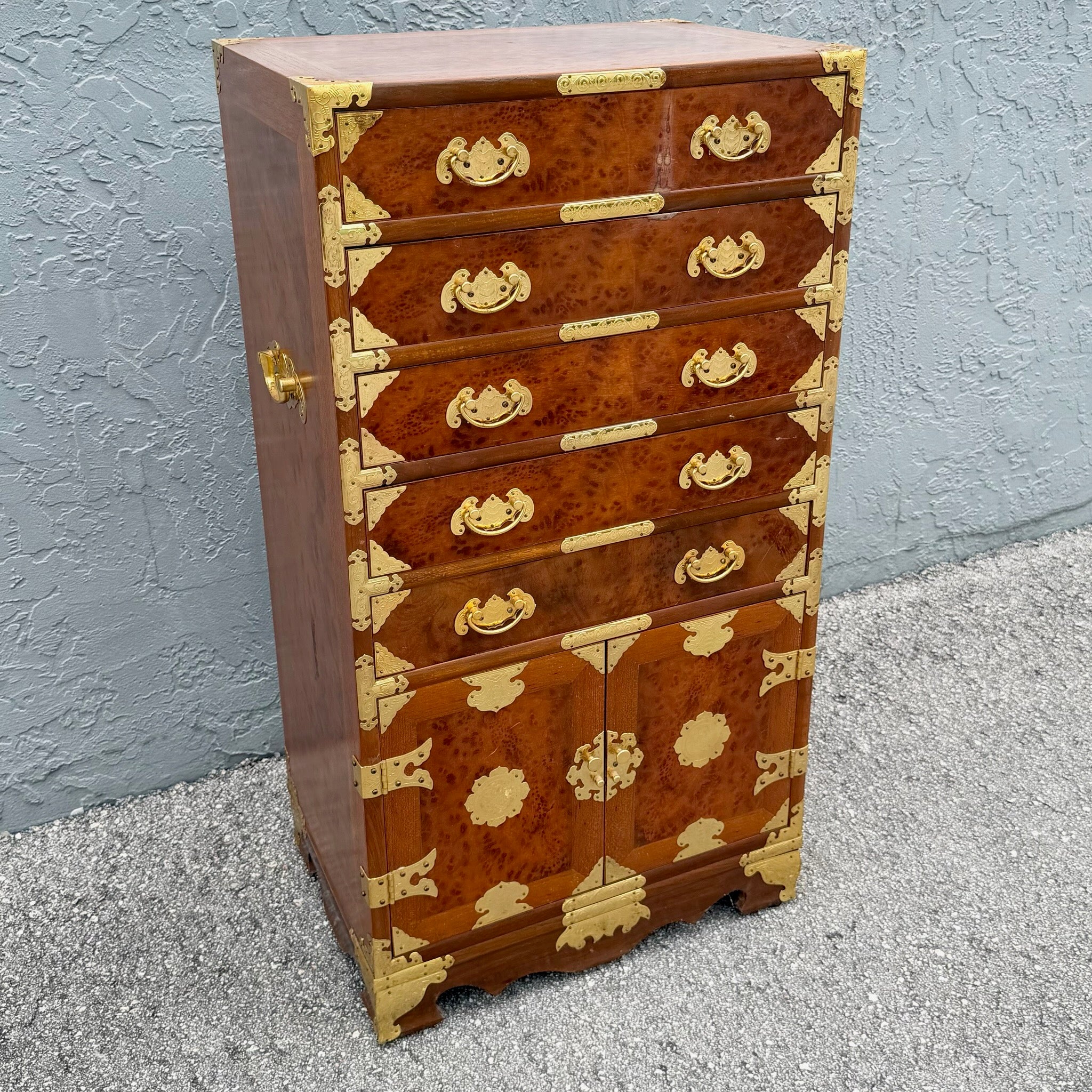 Vintage Chinese Brass and Burlwood Lingerie Armoire Dolphin & Flamingo