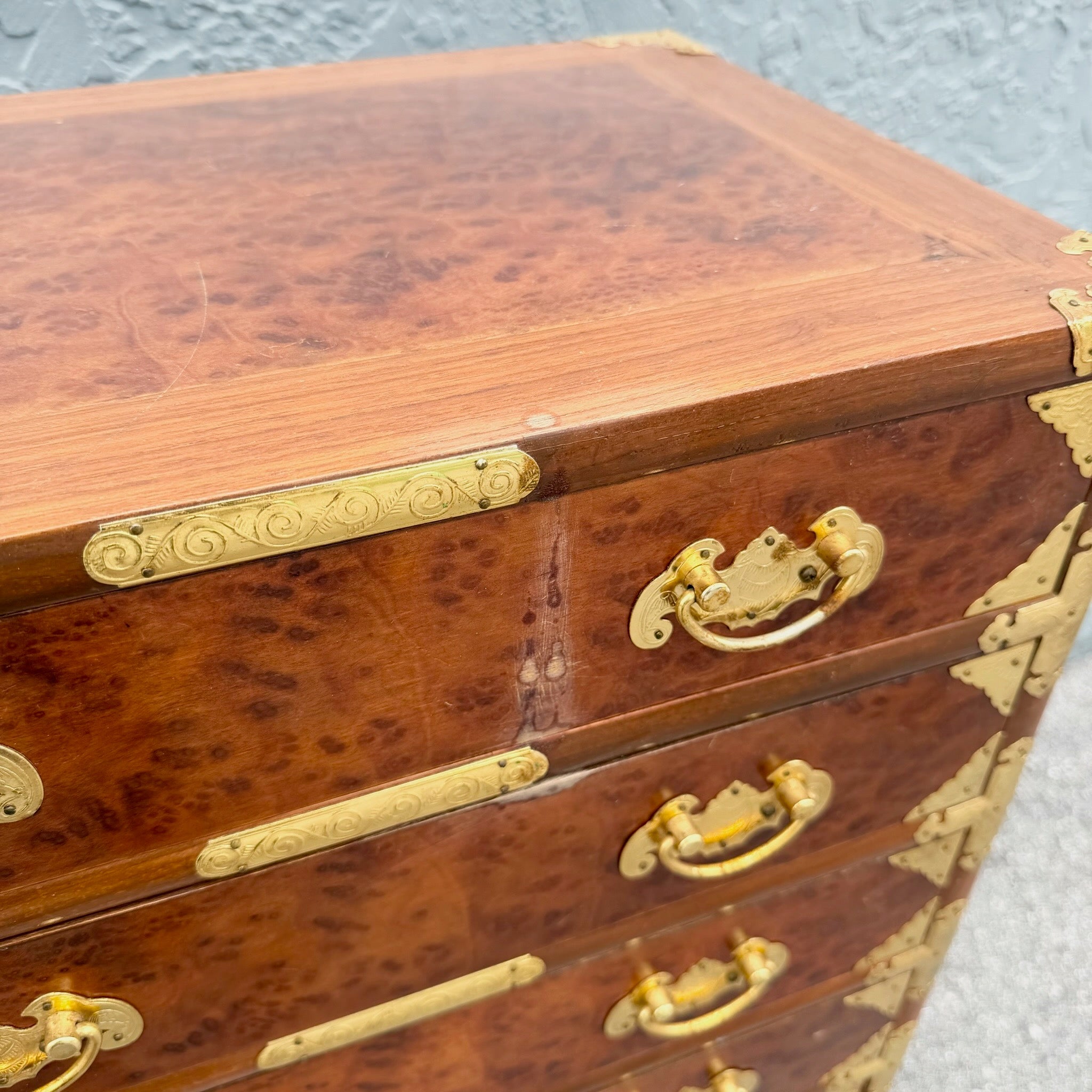 Vintage Chinese Brass and Burlwood Lingerie Armoire Dolphin & Flamingo