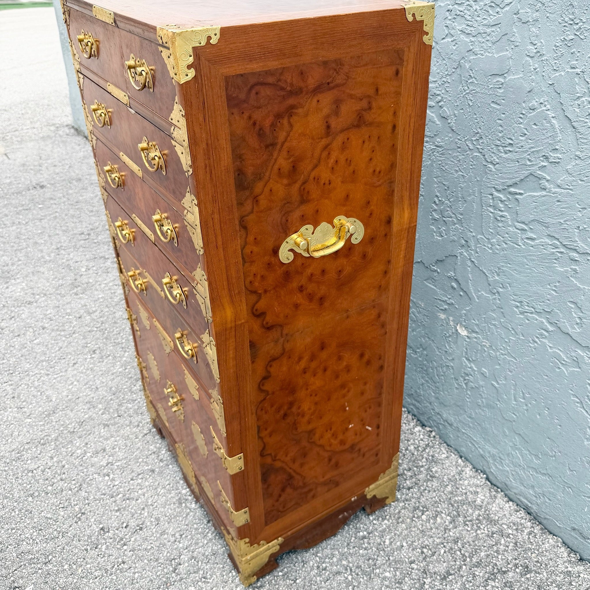 Vintage Chinese Brass and Burlwood Lingerie Armoire Dolphin & Flamingo