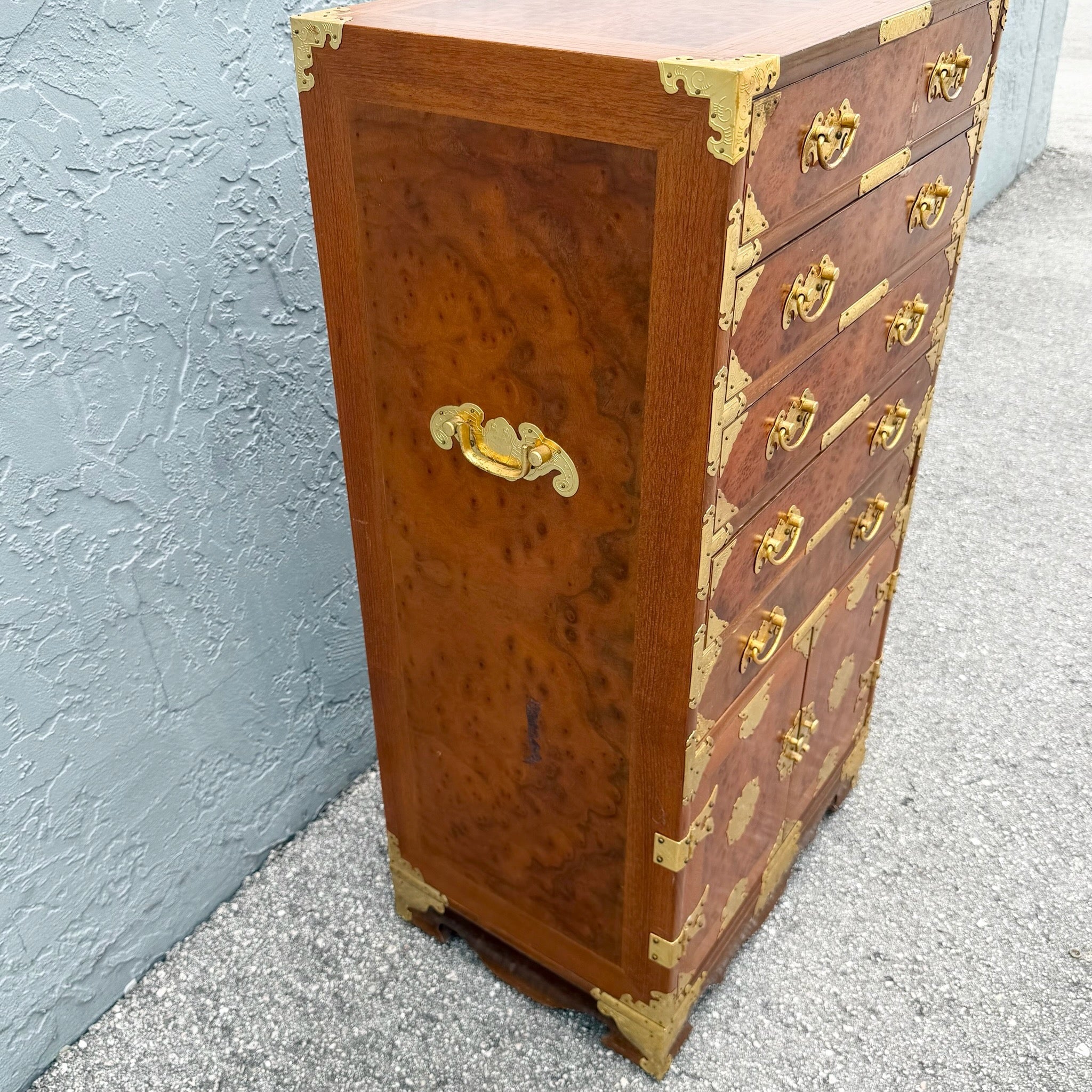 Vintage Chinese Brass and Burlwood Lingerie Armoire Dolphin & Flamingo