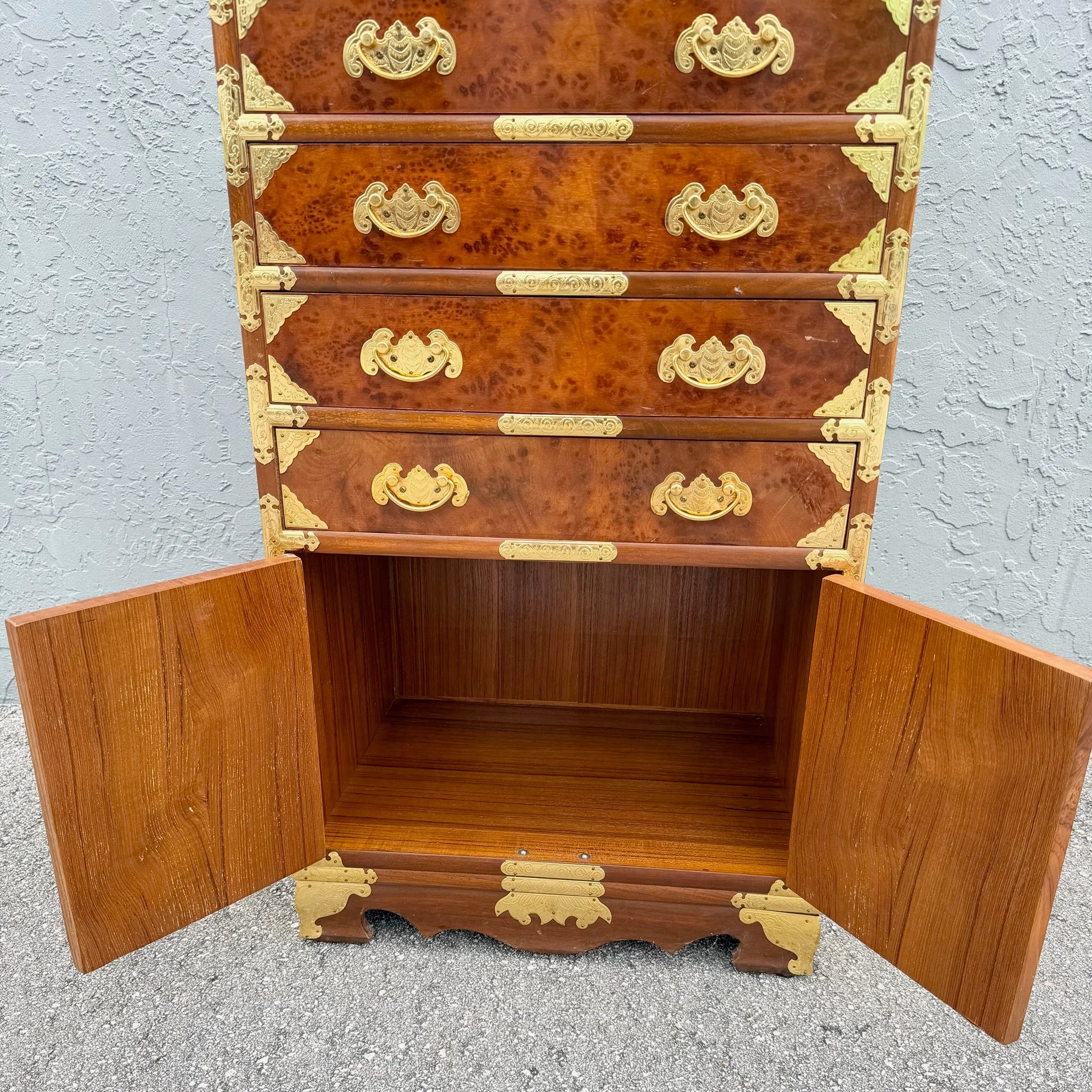 Vintage Chinese Brass and Burlwood Lingerie Armoire Dolphin & Flamingo