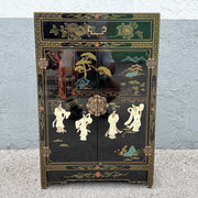 Vintage Chinese Black Lacquered Hand Painted Cabinet Dolphin & Flamingo