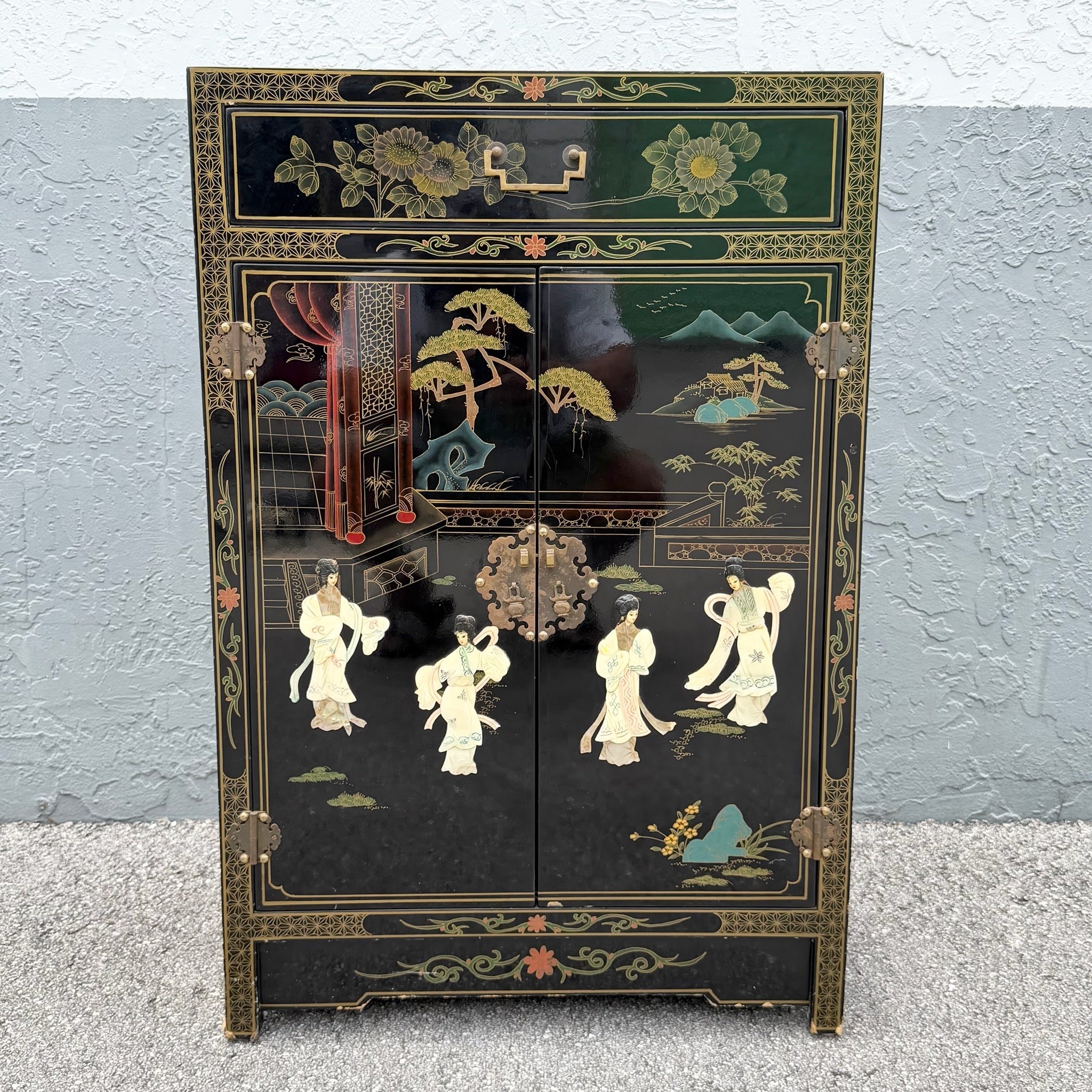 Vintage Chinese Black Lacquered Hand Painted Cabinet Dolphin & Flamingo